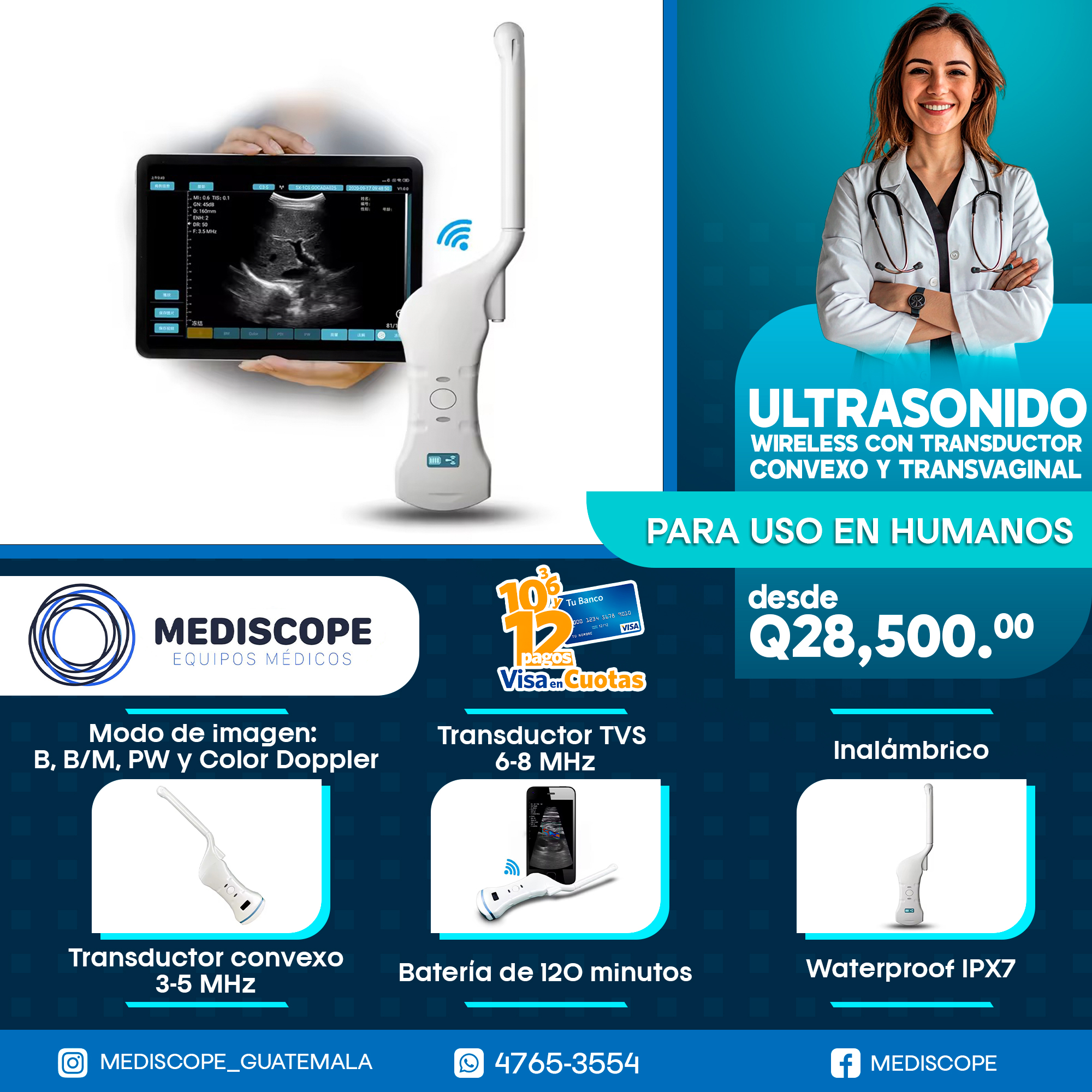 Mediscope - Ultrasonido Wireless Doppler 2 en 1 Transductor ...