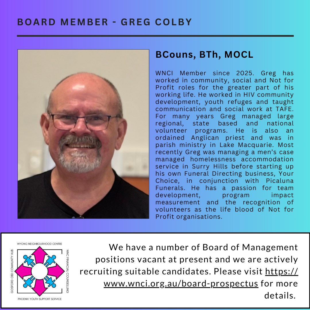 Wyong - WELCOME NEW BOARD MEMBER - GREG COLBY WNCI Member since 2025 ...