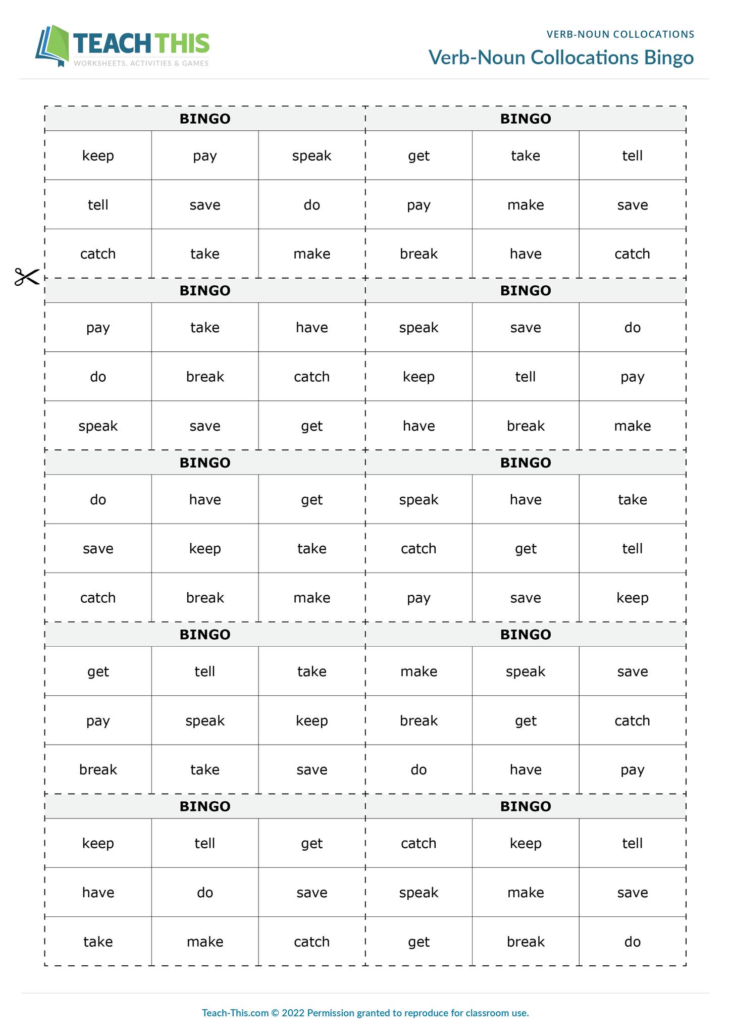 Teach-This.com - Verb-Noun Collocations Bingo ESL Verb-Noun ...