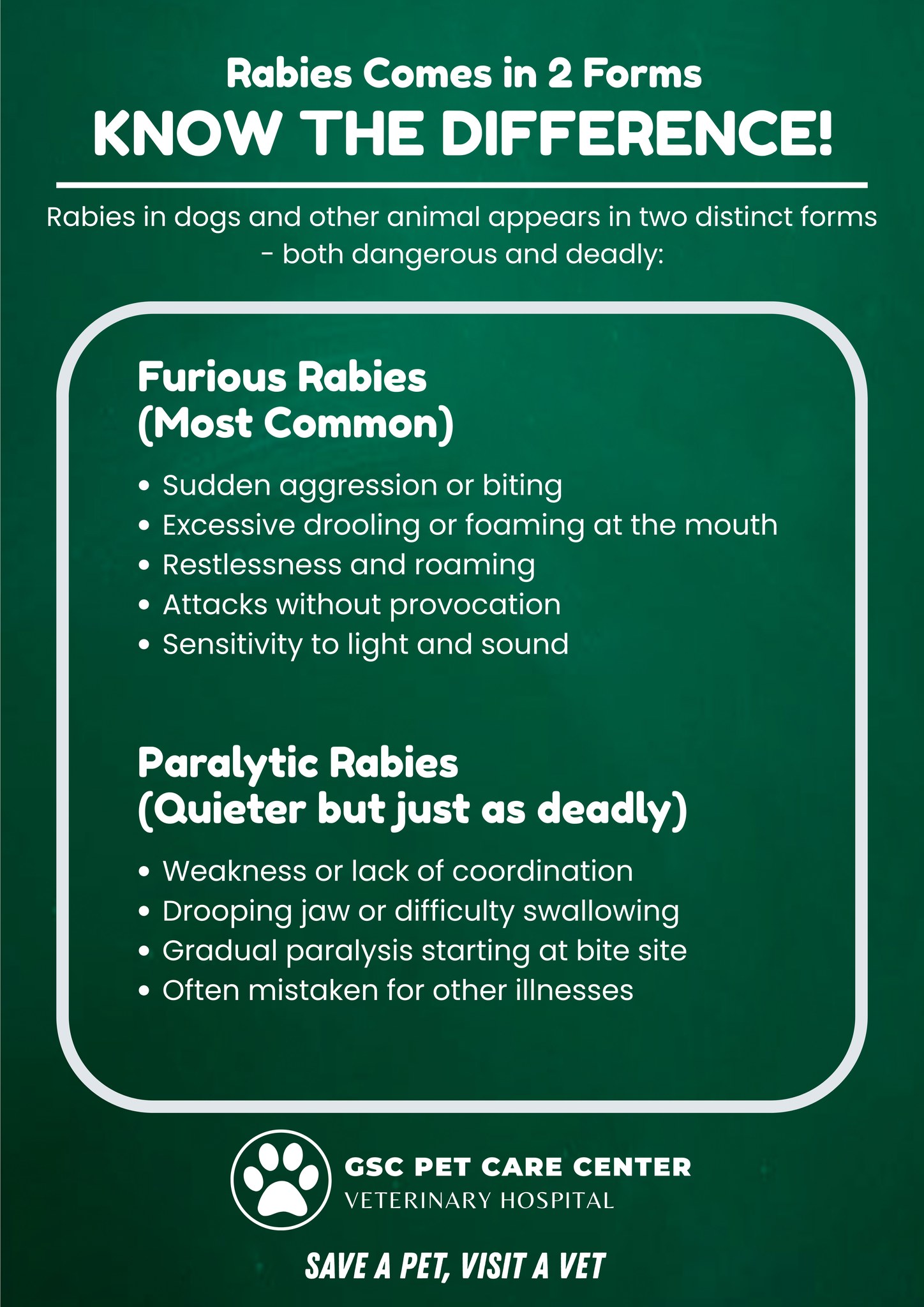 Did you know rabies is nearly 100%... - GSC Pet Care Center | Facebook