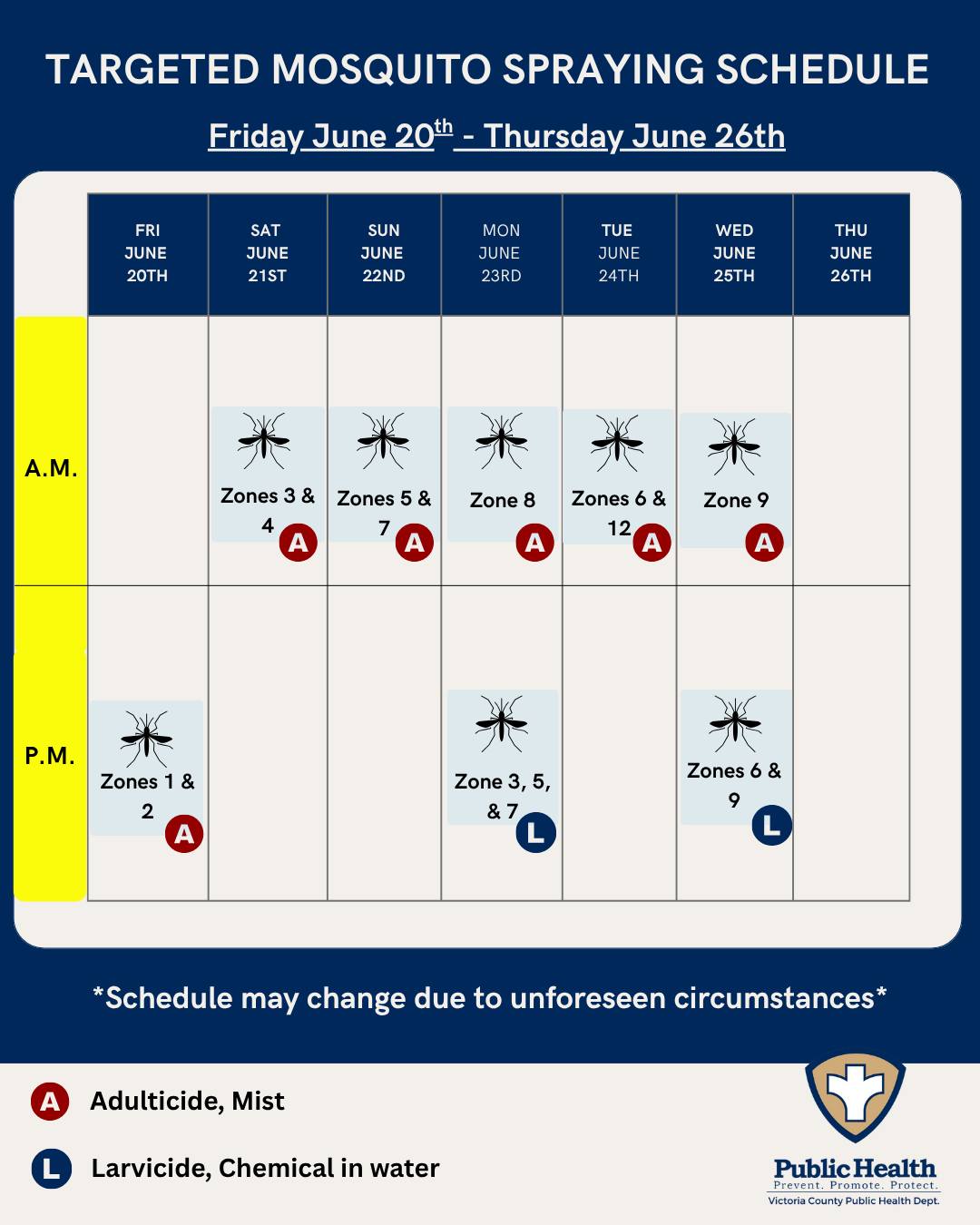 Victoria - 🦟 Updated Mosquito Spraying Schedule: June 20–26 🦟 Attached ...