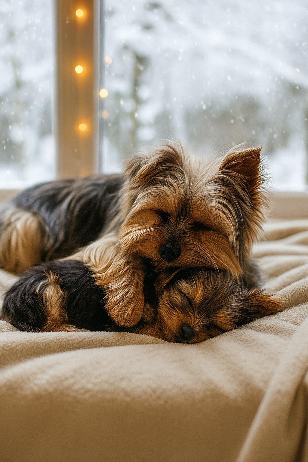 The Yorkies - Snow outside, snuggles inside—two tiny heaters, zero ...