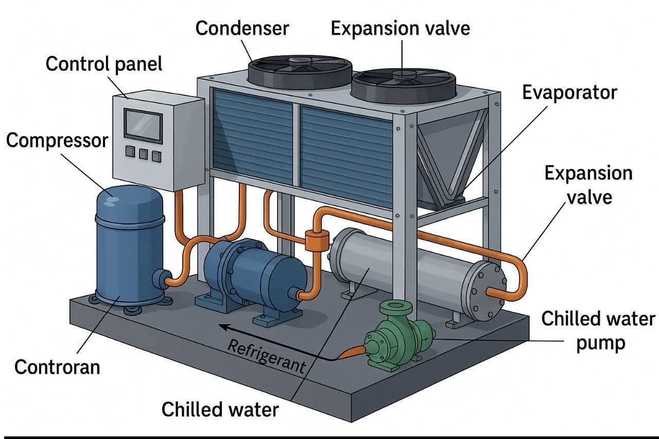 HVAC - A water-cooled chiller system cools water using refrigerant ...