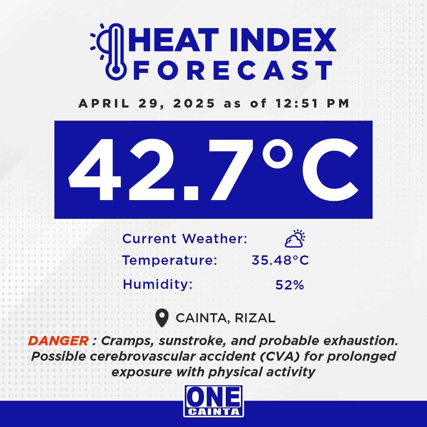 OneCainta - CAINTA, RIZAL HEAT INDEX at 42.7°C April 29, 2025 as of 12: ...