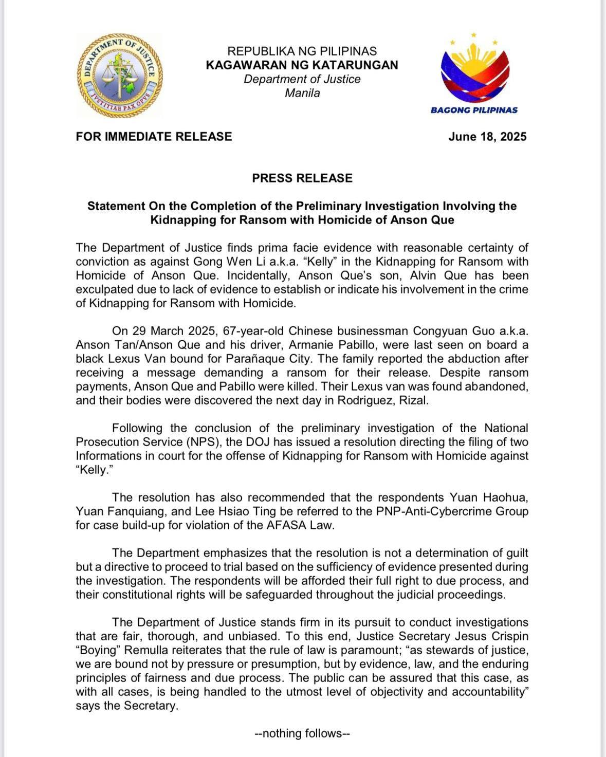 Pilipinas - JUST IN: Ipinag-utos na ng Department of Justice (DOJ ...
