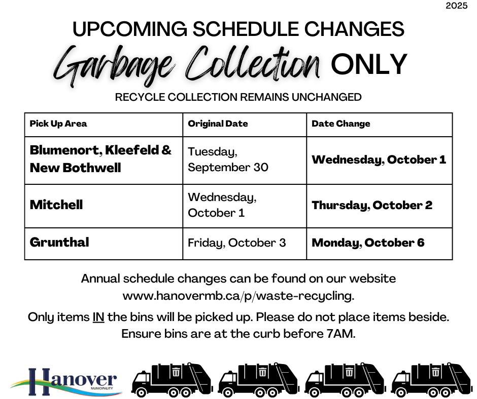 Rural - GARBAGE COLLECTION ONLY Schedule Changes Note the following ...