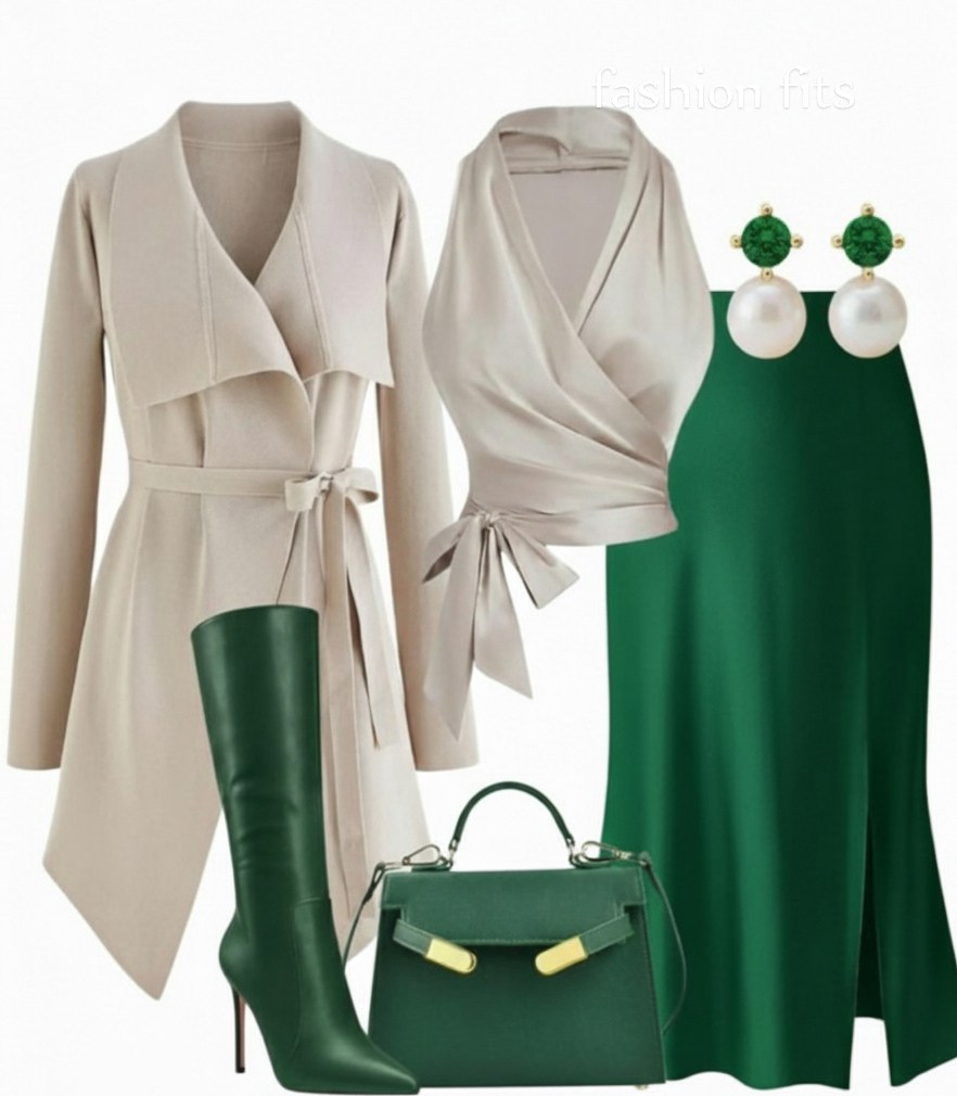 A blend of sage green, cream, and taupe brings timeless elegance to contemporary dressing, perfect for days that demand confidence and composure
