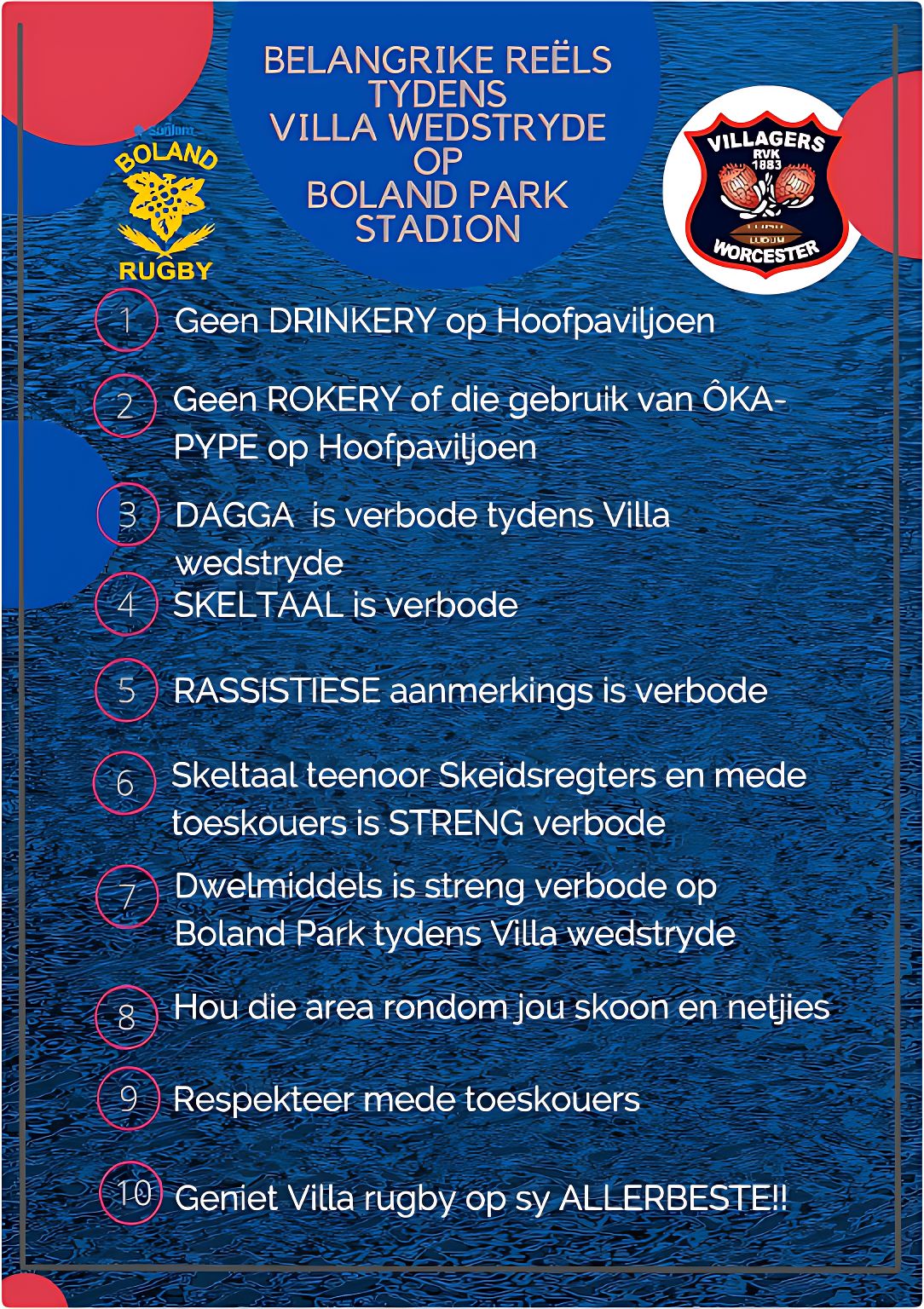 Villagers - REËLS OP BOLAND PARK STADION TYDENS VILLA TUISWEDSTRYDE ...