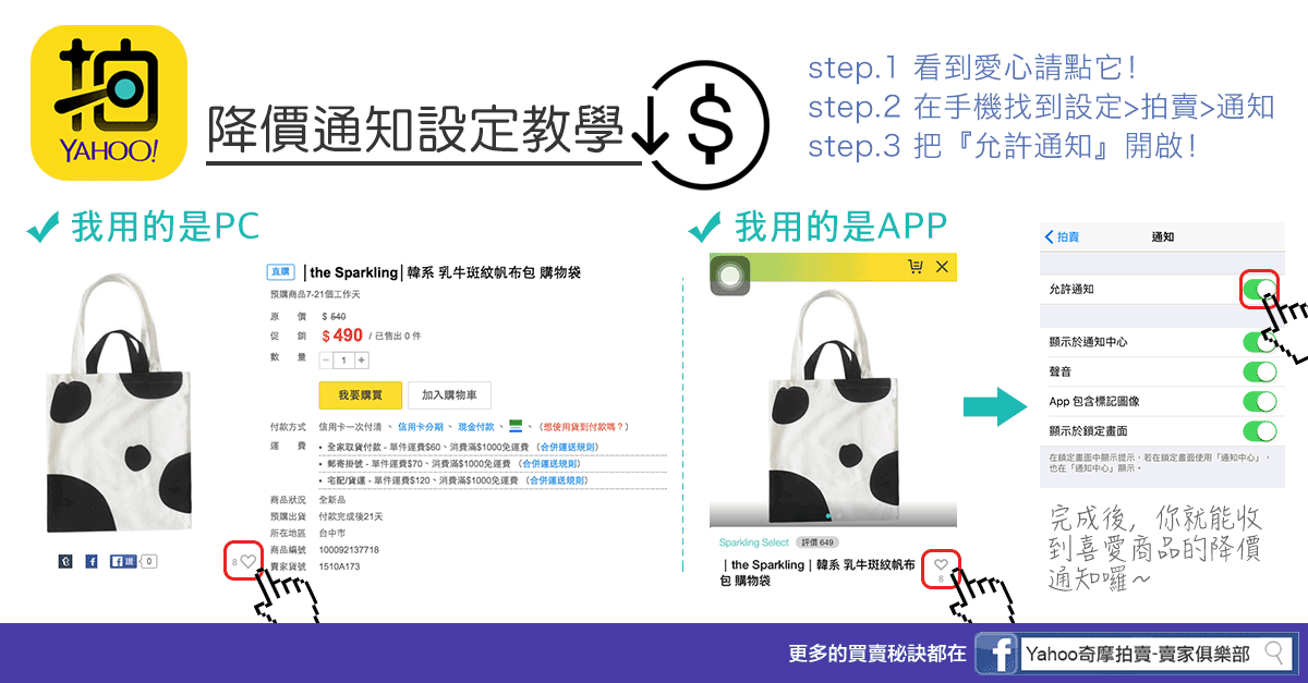 Yahoo奇摩拍賣 賣家俱樂部 賣家必分享 降價通知圖解教學文商品降價了 要怎麼讓買家知道 簡單三步驟 讓手機通知你的買家 你喜歡的商品變便宜了 趕快趕快告訴你的死忠買家 逛賣場時記得給喜歡的商品一個愛心 就有機會撿到便宜 Yahoo奇摩拍賣