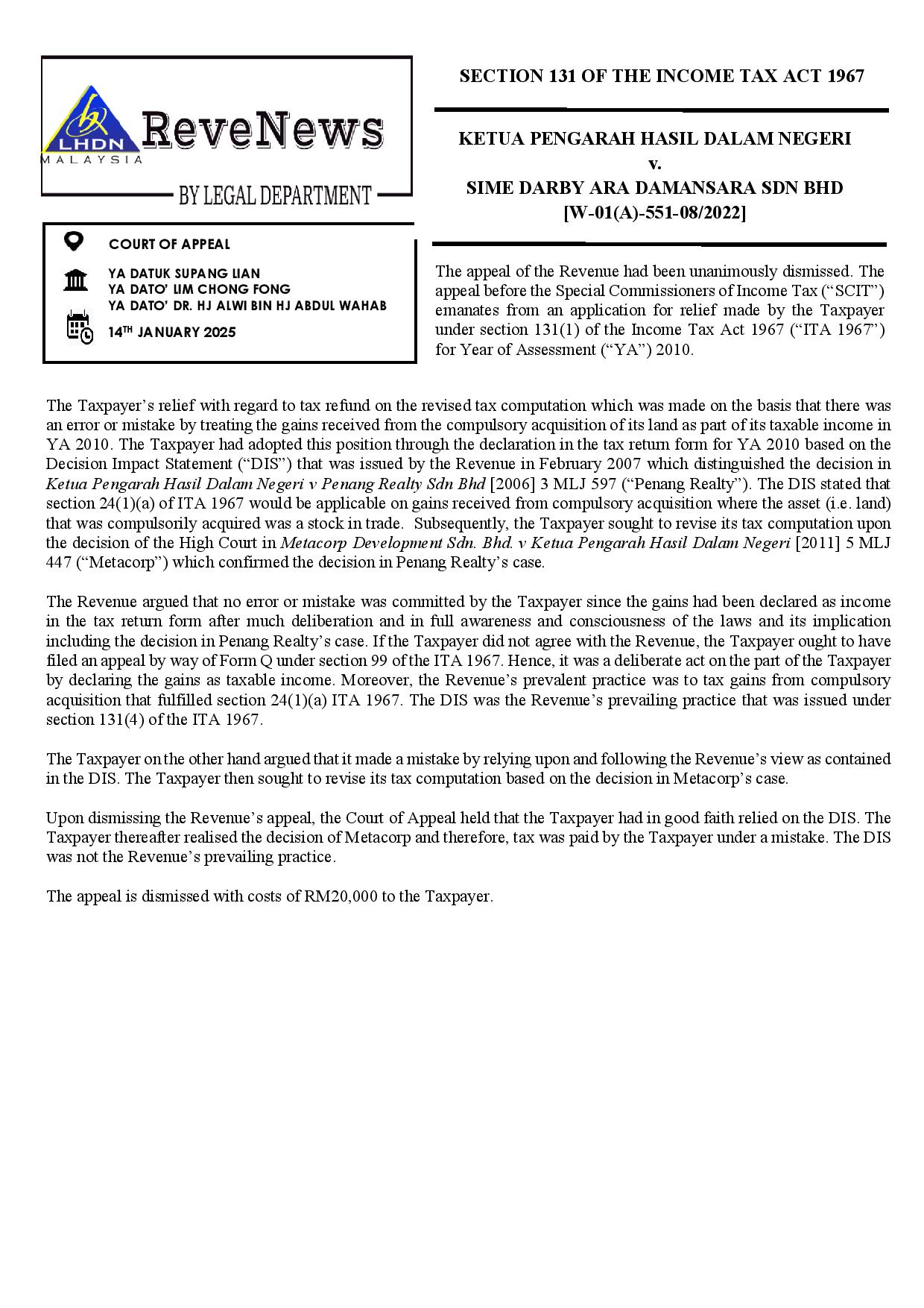 ST - LHDN tax case: Compulsory Acquisition Gains and Error or Mistake ...