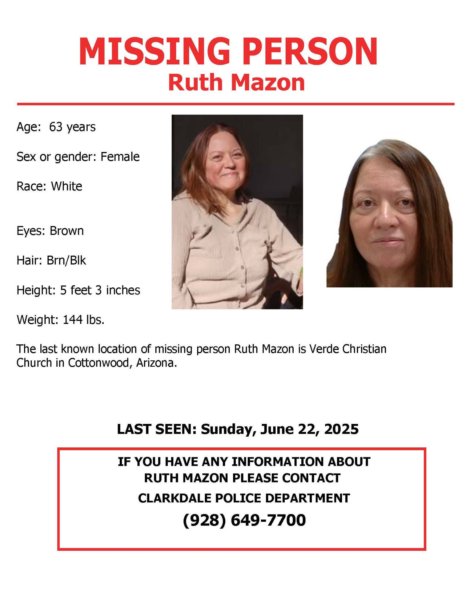 Clarkdale - Have you seen this missing person? Ruth Mazon Age: 63 years ...