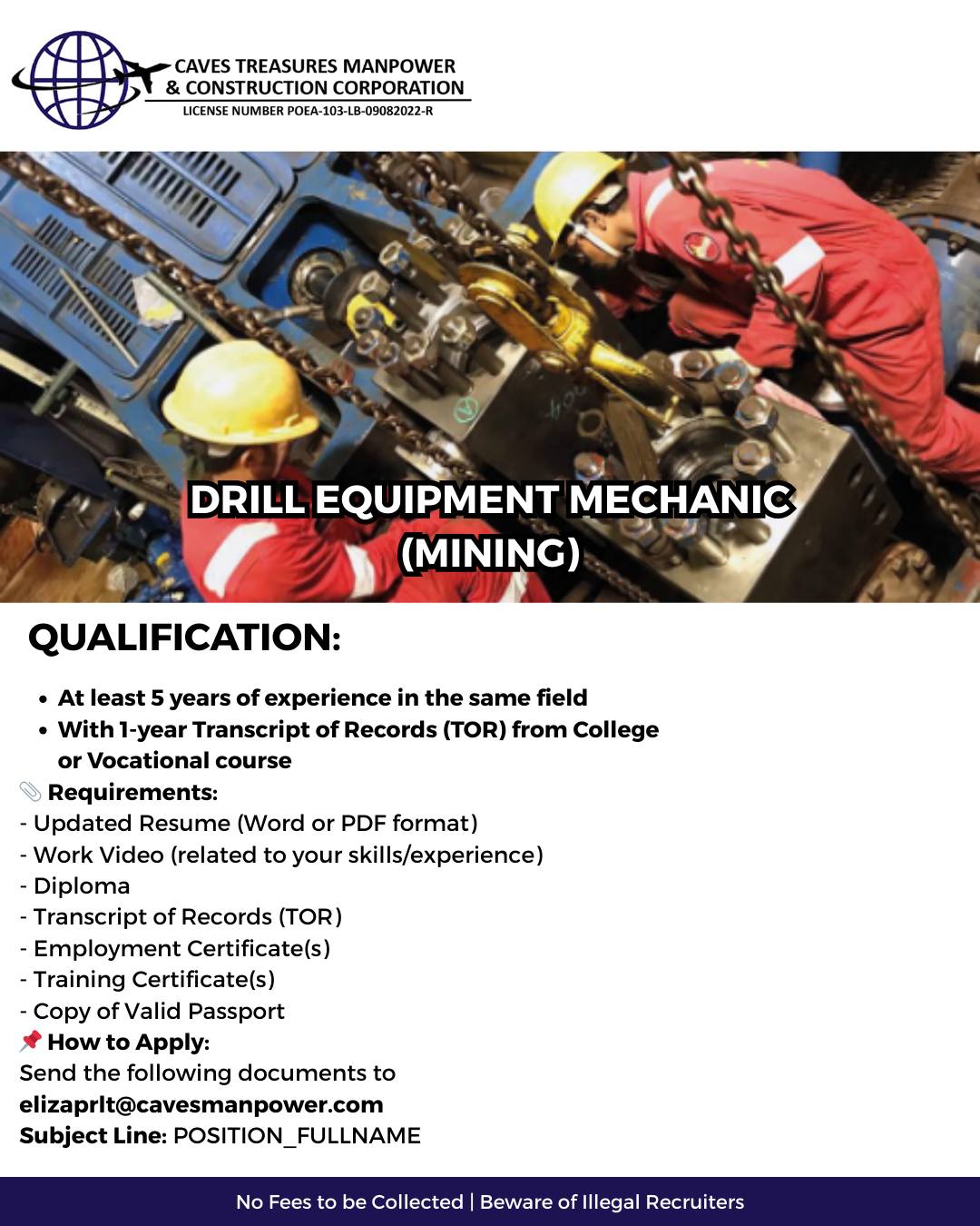 Caves - DRILL EQUIPMENT MECHANIC (MINING) Qualifications: At least 5 ...