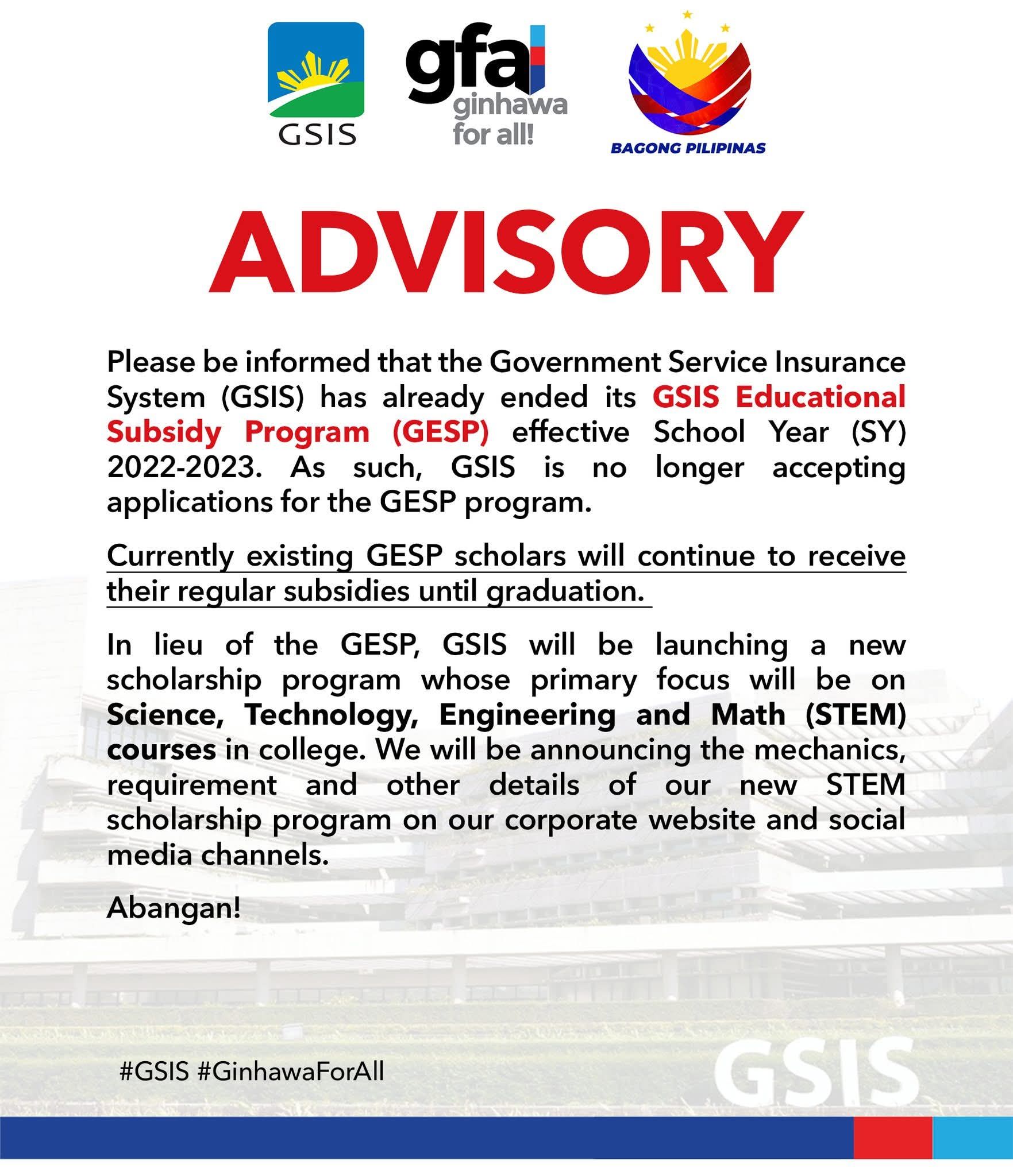 GSIS - The GSIS Educational Subsidy Program (GESP) has ended for new ...