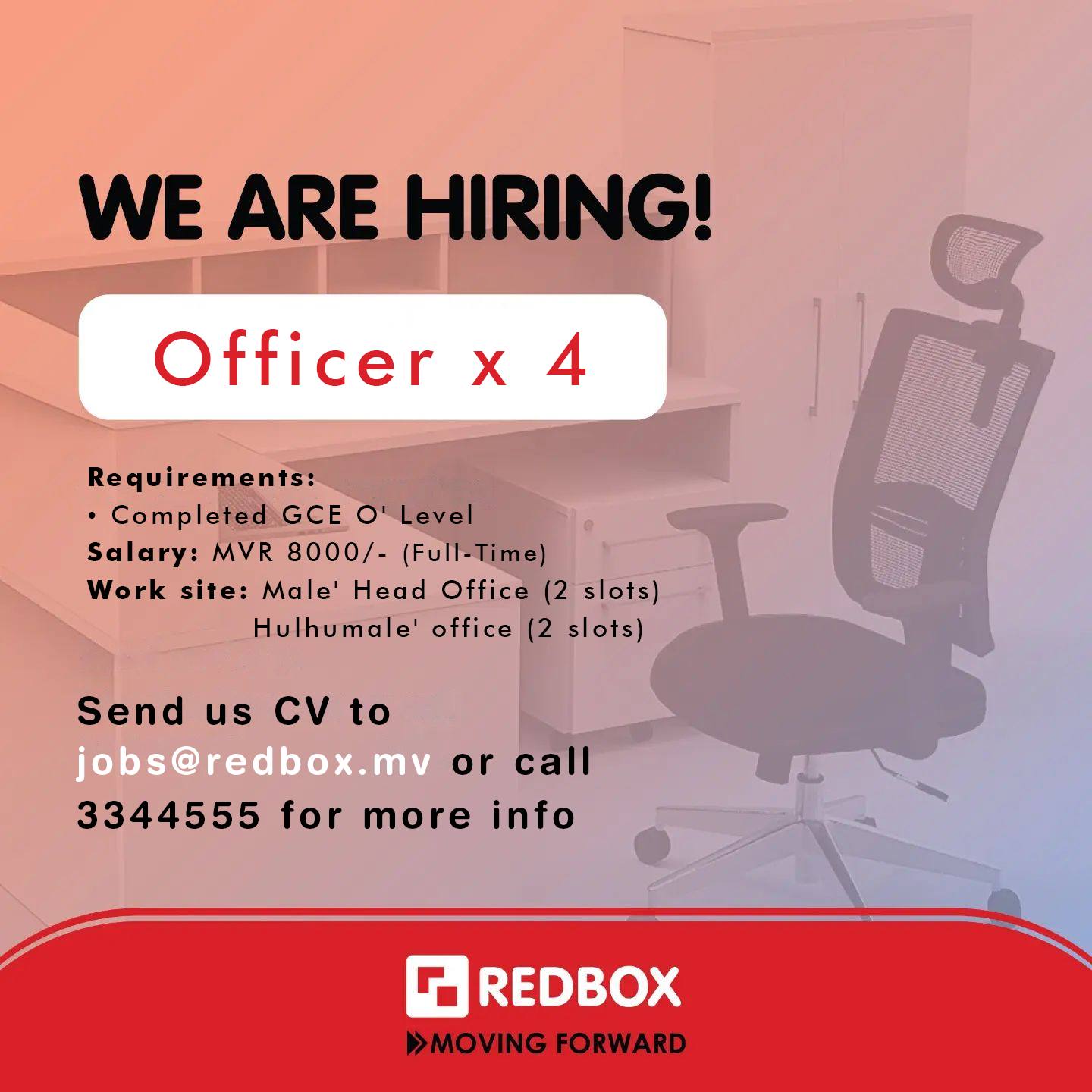 Redbox - MALE ONLY Officer x 4 (Full-Time) -Salary: MVR 8000/- (Full ...