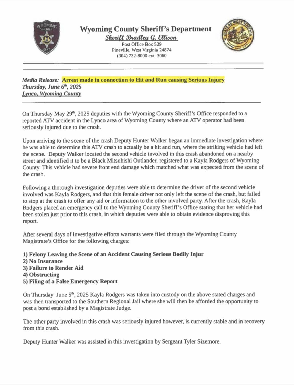 MEDIA RELEASE: Arrest... - Wyoming County Sheriffs Office WV | Facebook