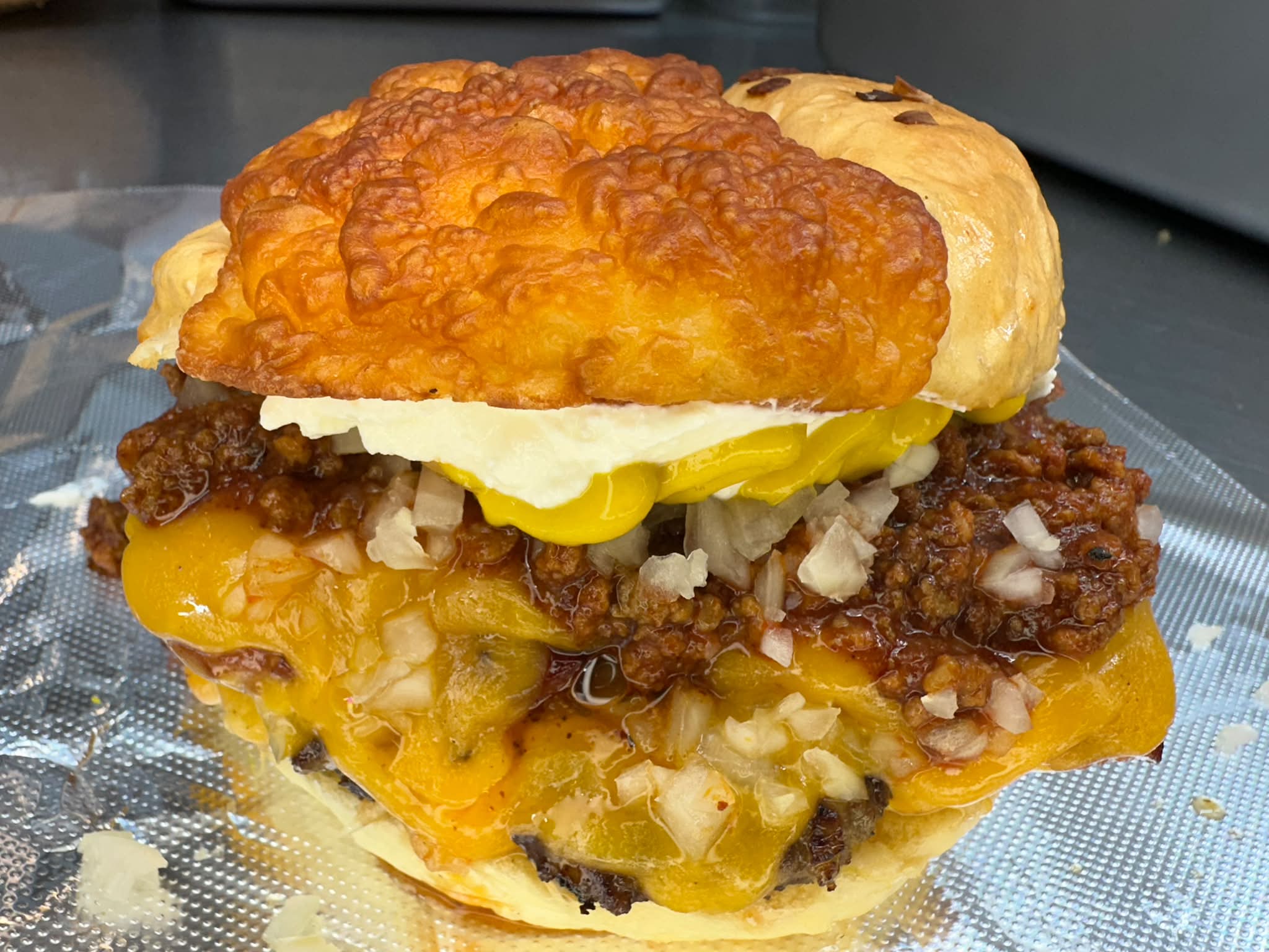 Hamburger Mikey's chili cheese hotdog smasher and Philly cheese