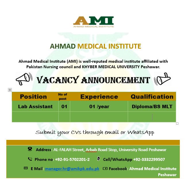 Ahmad Medical Institute Peshawar - AMI Urgently Require: | Facebook