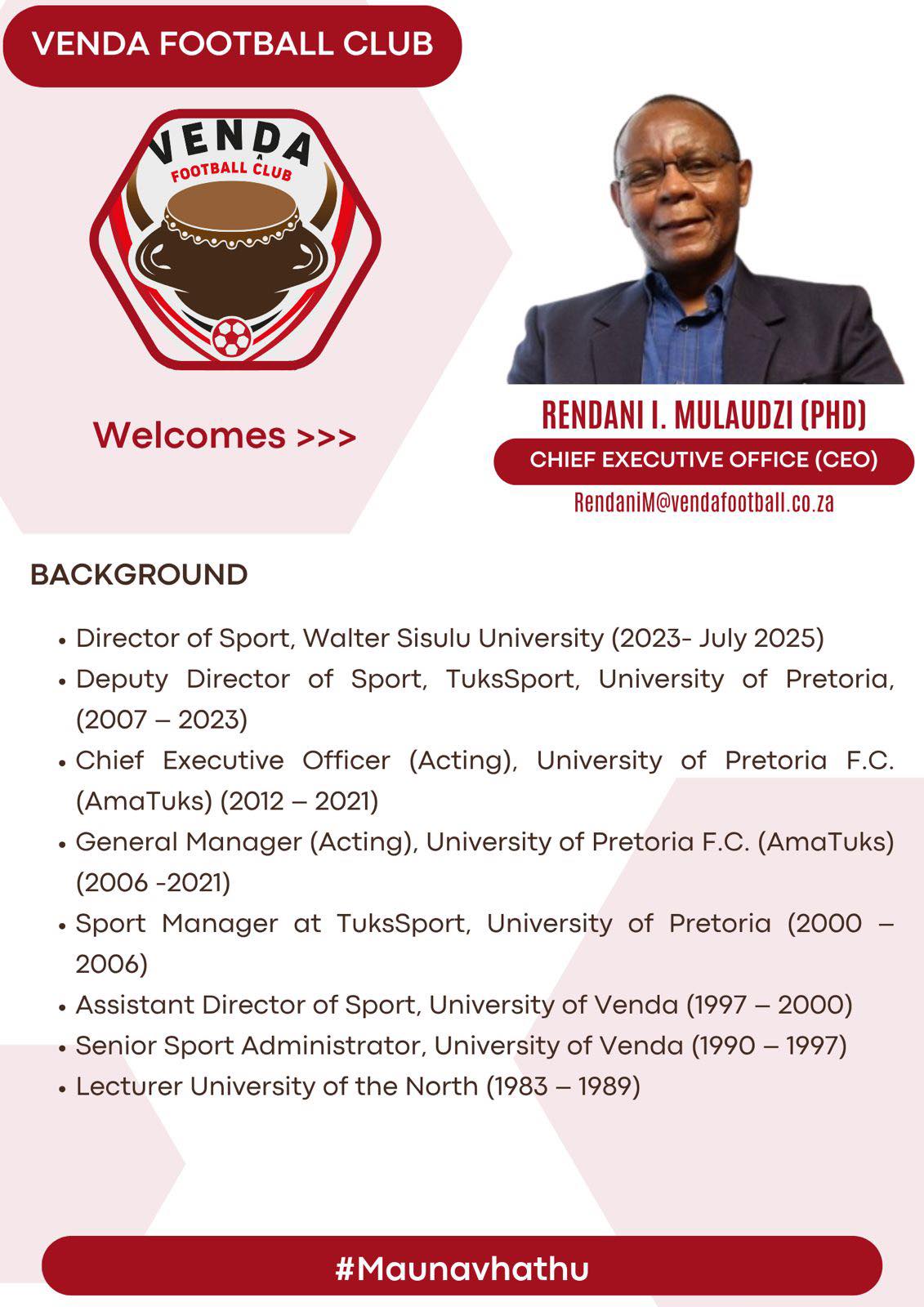 Venda - Venda Football Club is thrilled to welcome Dr. Rendani Mulaudzi ...