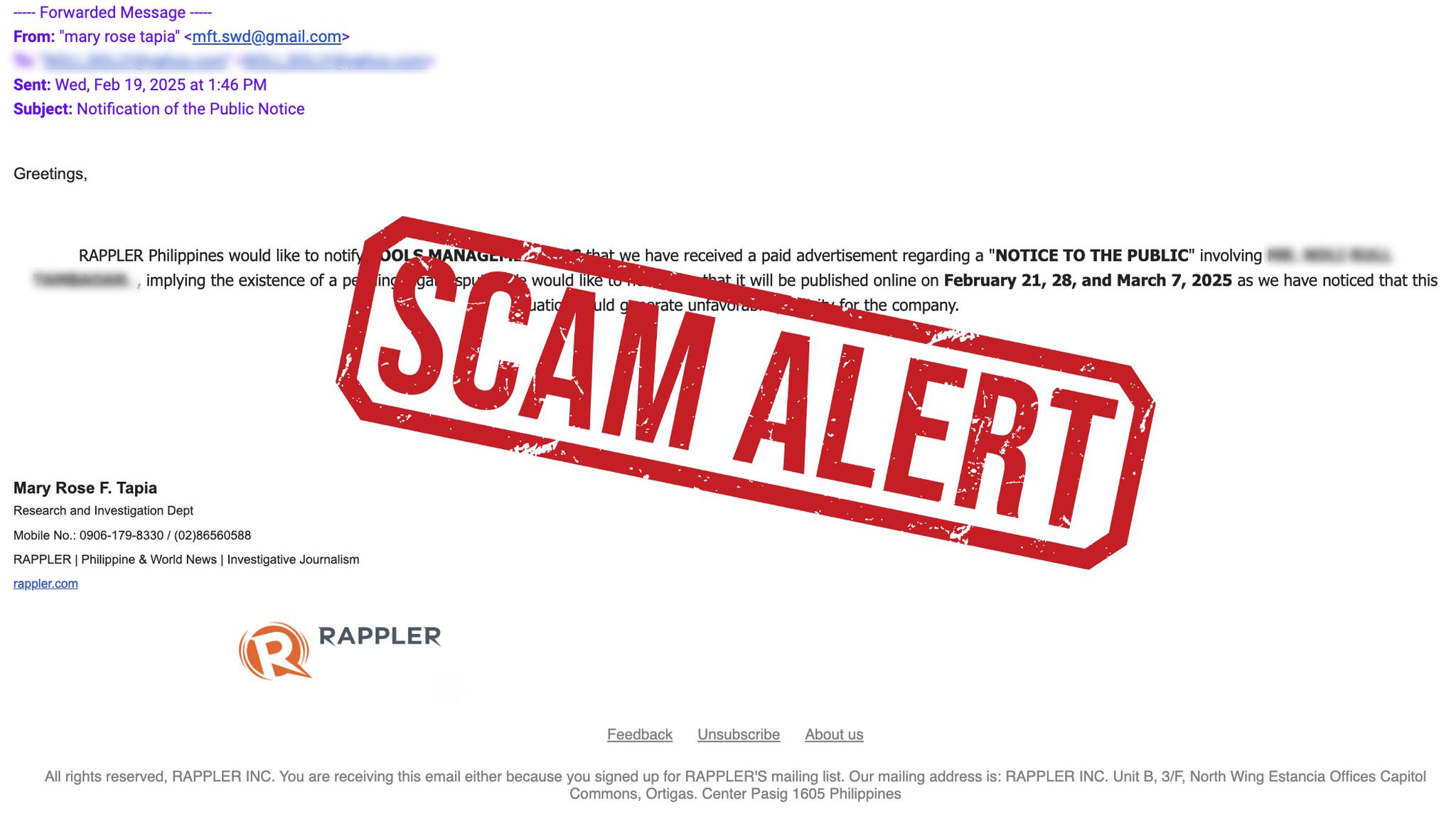 Rappler - #SCAMALERT: BEWARE OF EMAILS IMPERSONATING... | Facebook