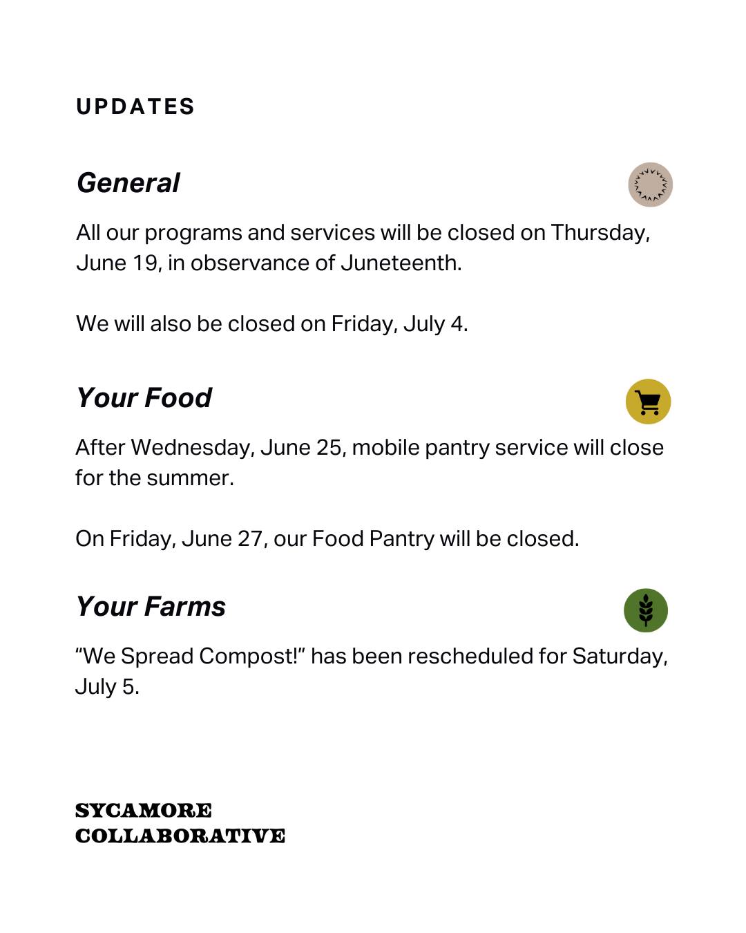 Sycamore - Upcoming Closures and Program Updates ‼ We will be closed on ...