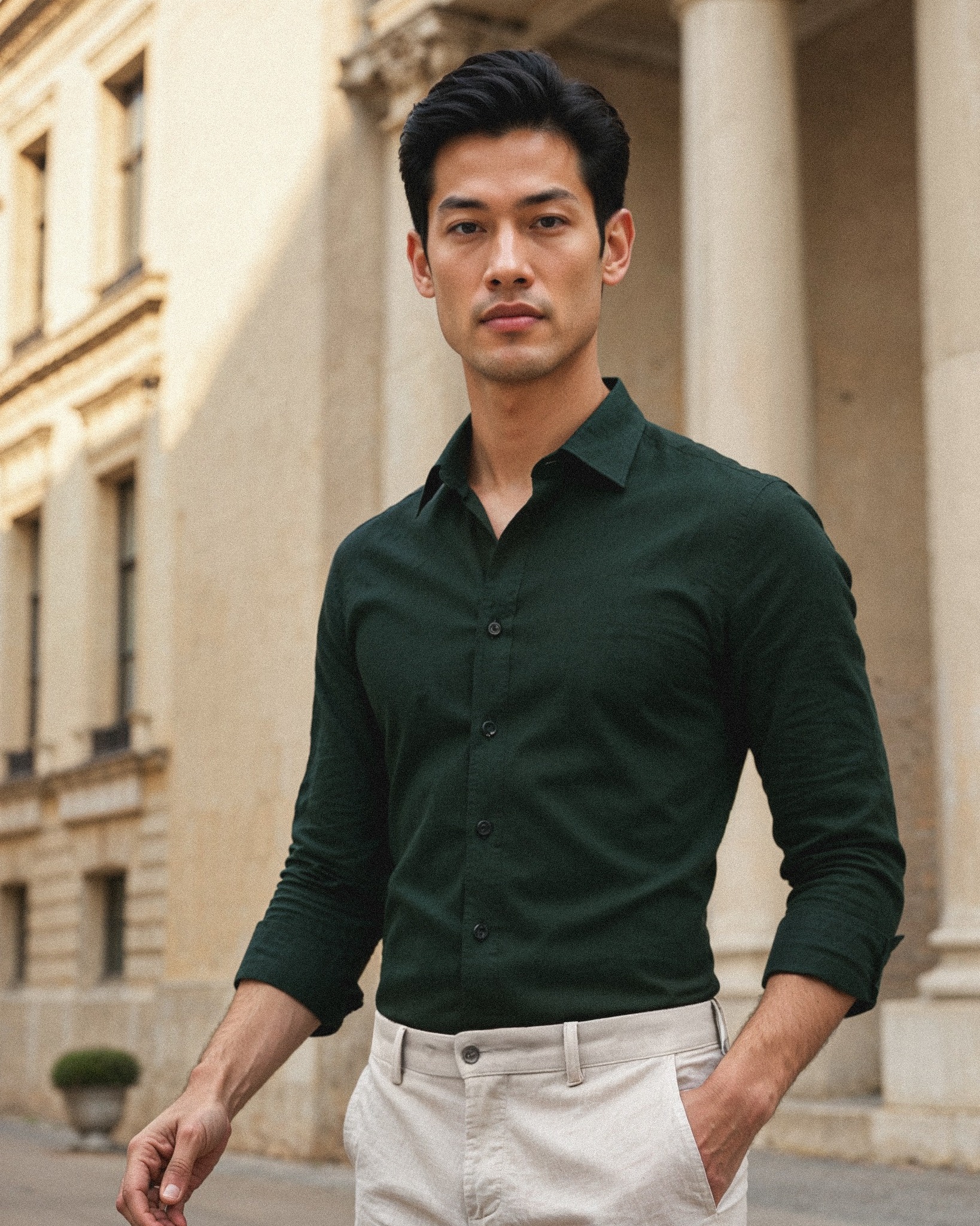 Summer style done right. This dark green linen shirt and light 