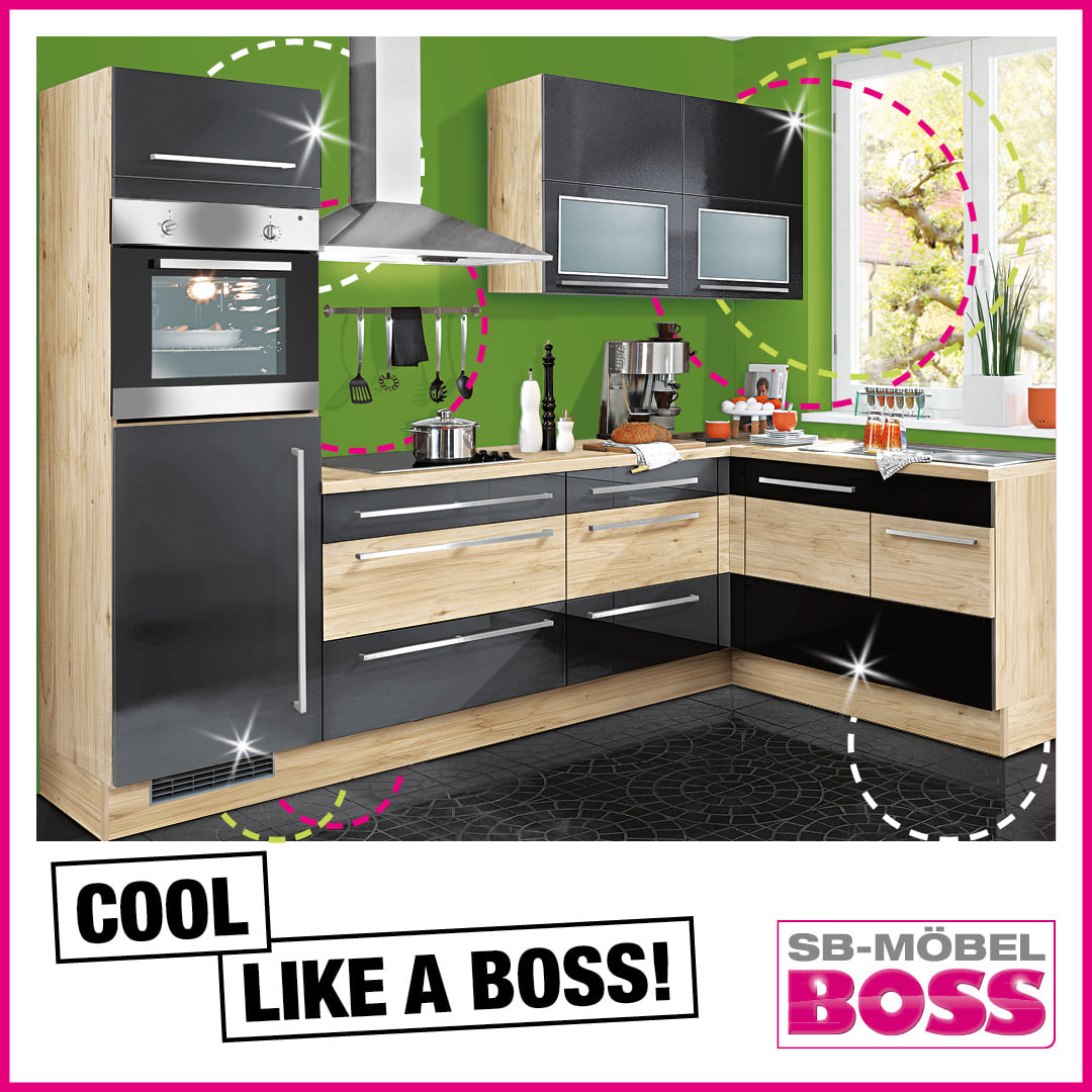 Get the look! 😎 Diese coole und zugleich edle Küche ist das Highlight in jeder Wohnung! 🤩 #coollikeaboss IMPULS MARKENKÜCHE, 275x175cm, Hochglanz UV-Lack schwarz ➡️ Nur diese Woche für 2.399 € stat