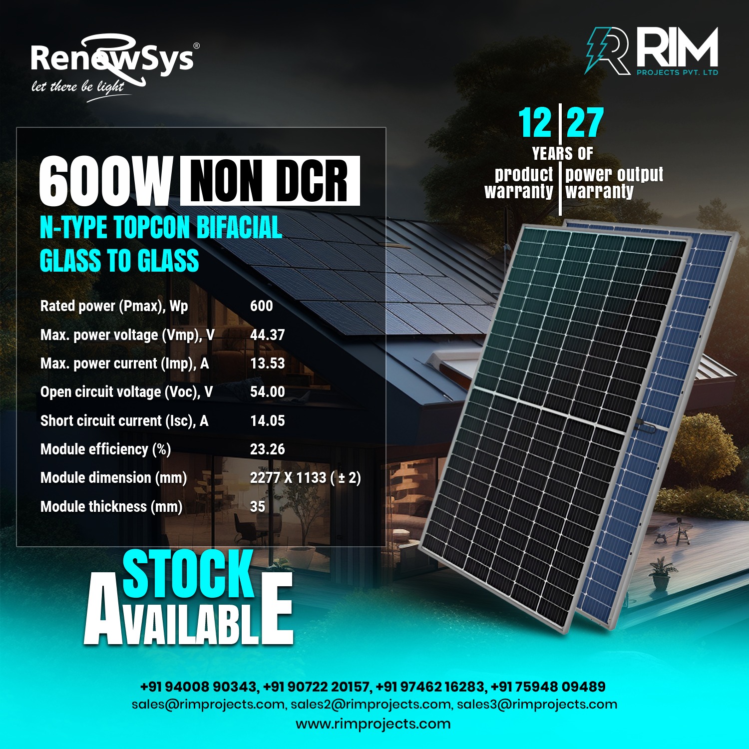 RIM Projects - Renewsys 600W Non DCR N-type Topcon Bifacial Glass to ...