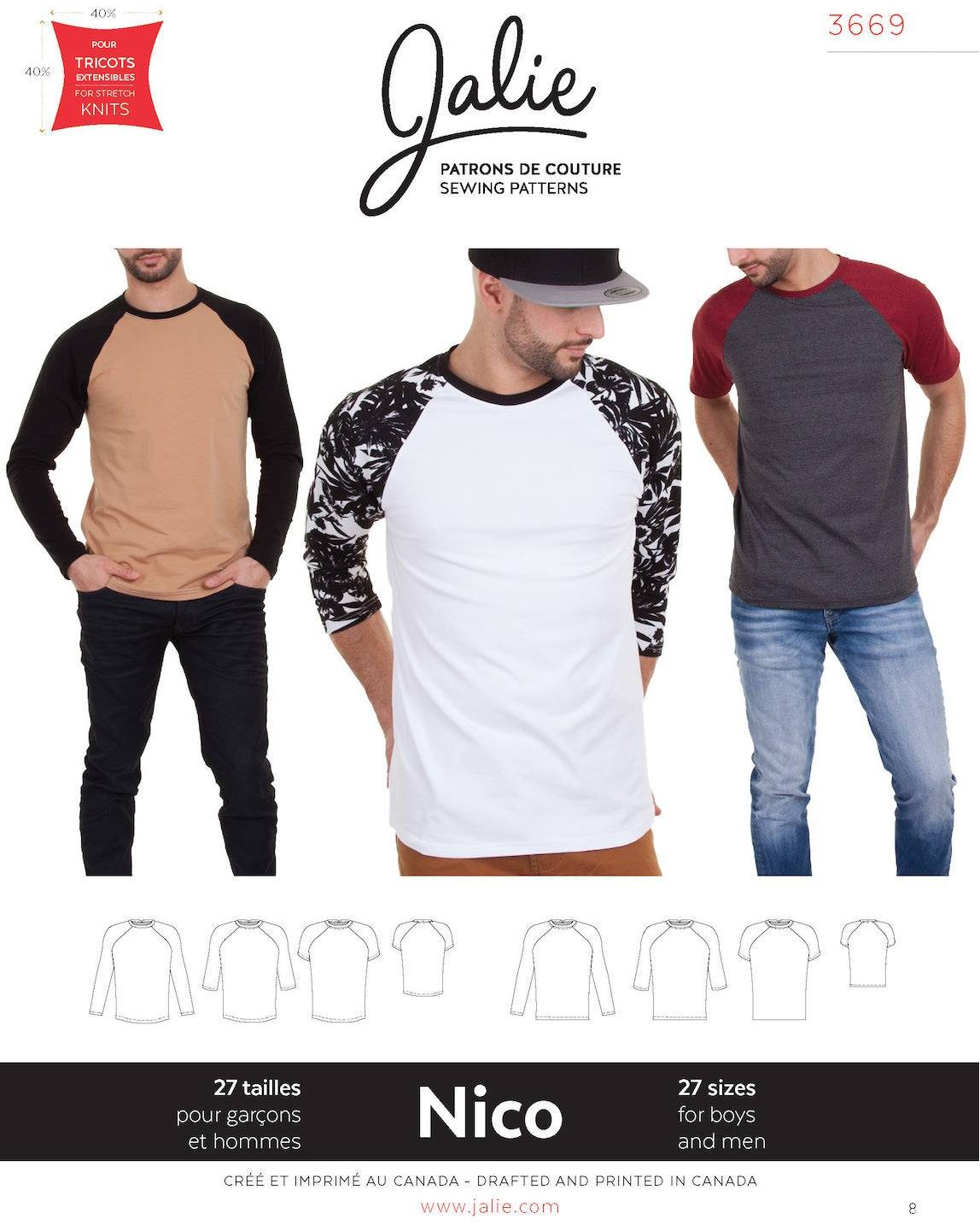 Patron Jalie 2918 - T-shirts Ajustés Homme Et Garçon Manches Courtes/Longues, Col Rond Ou V