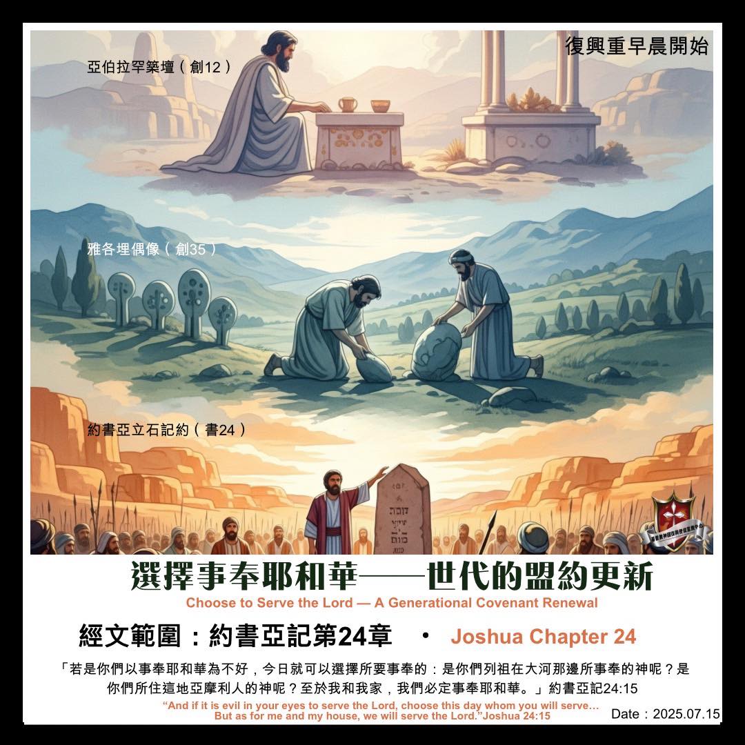 基督教神國復興教會 - 主題：選擇事奉耶和華——世代的盟約更新 晨禱經文：約書亞記第24章 一、歷史背景與內容介紹 • 時代位置：這是約書亞 ...