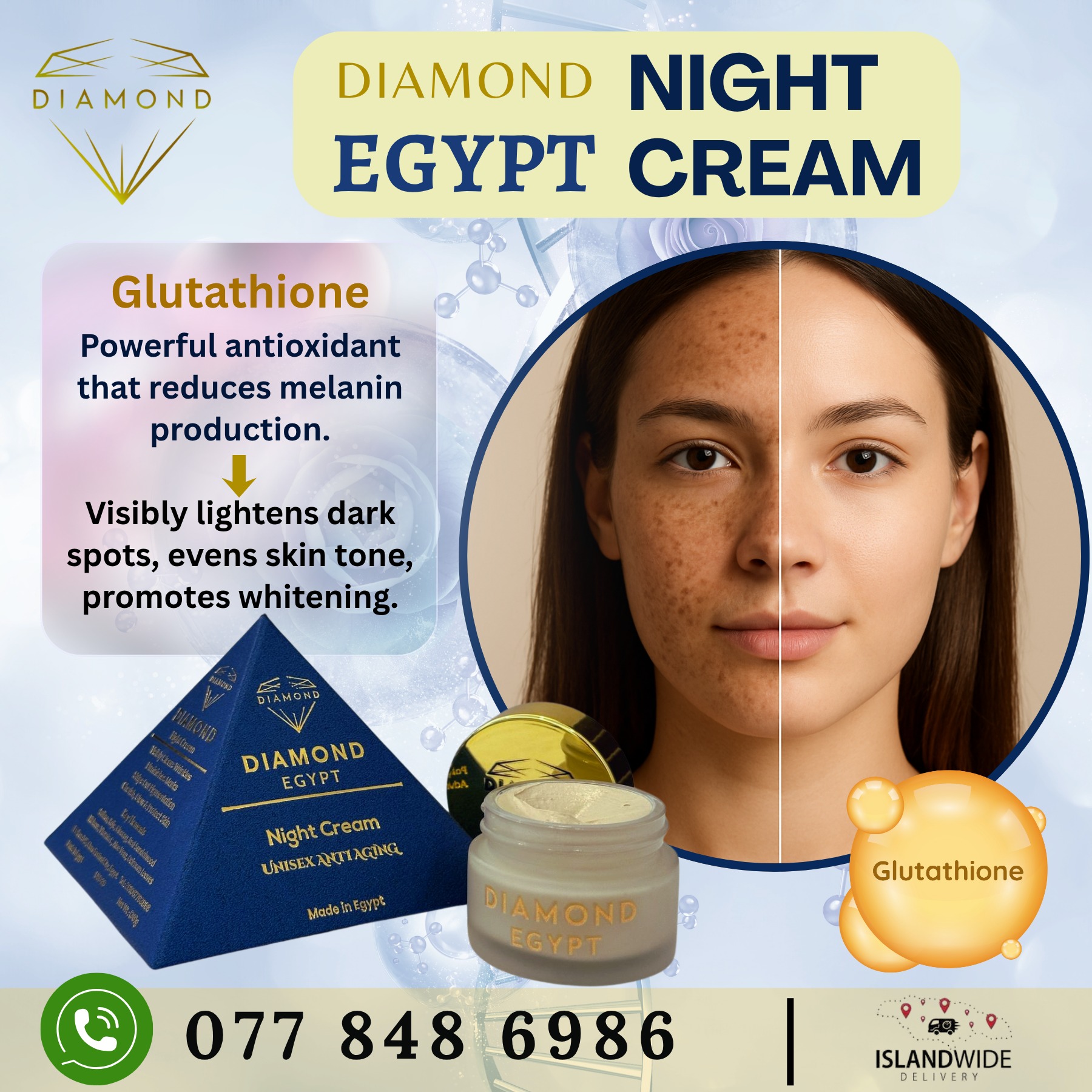 glutathione diamond ✨ Glow Brighter Every Night with Egypt Night Cream! ✨ Infused with the power of Glutathione, a powerful antioxidant that helps reduce melanin production — giving you a lighter, smoother, and AFC Japan Collagen White نامبوزين رقم 5 صن Size:90 Capsules