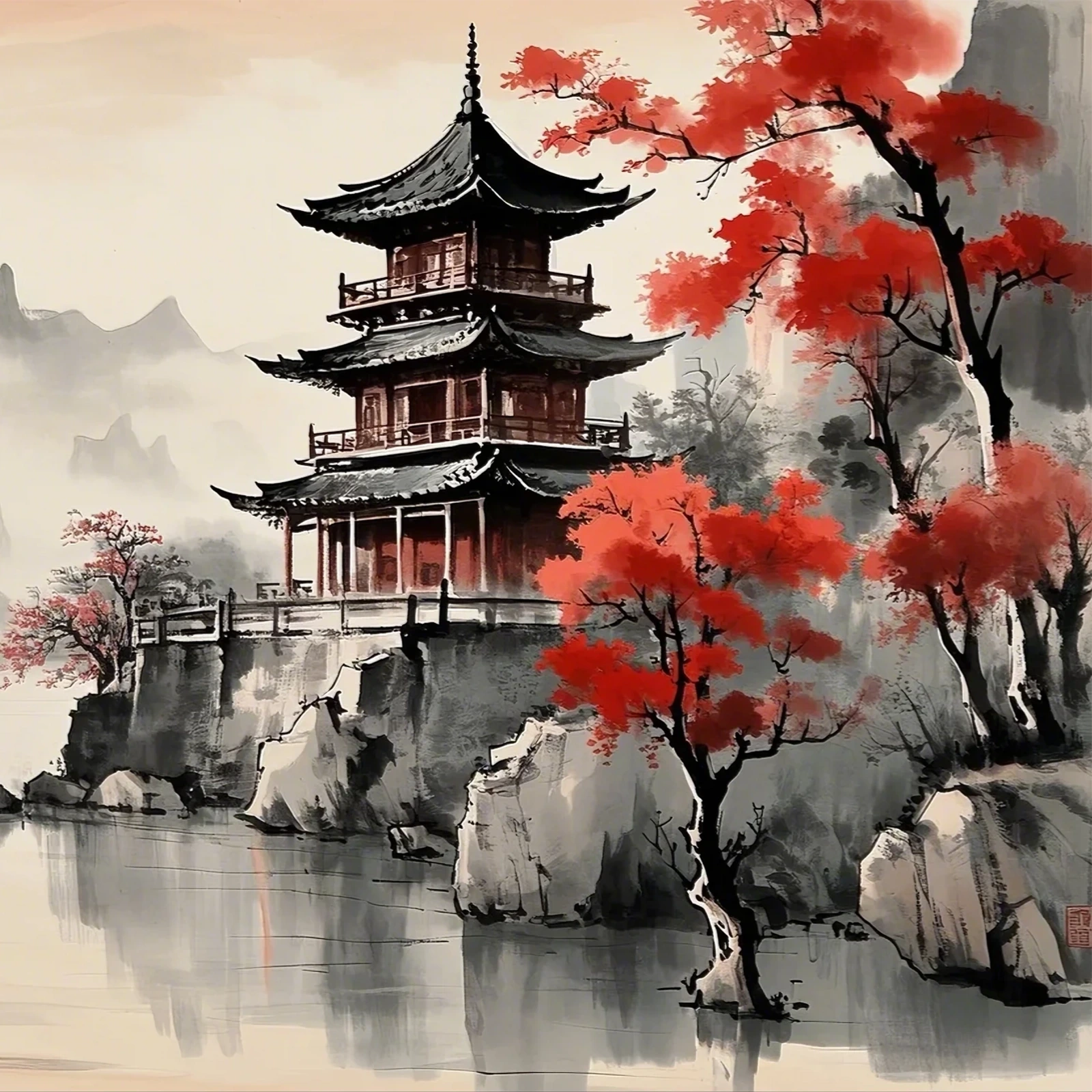 名畫檔案-網路畫廊 - 文生圖提示： 一幅極具東方韻味的寫意山水畫，巧妙地融合了建築、自然景觀和季節特色。畫面呈現出鮮明的色彩對比，沉穩的黑色 ...