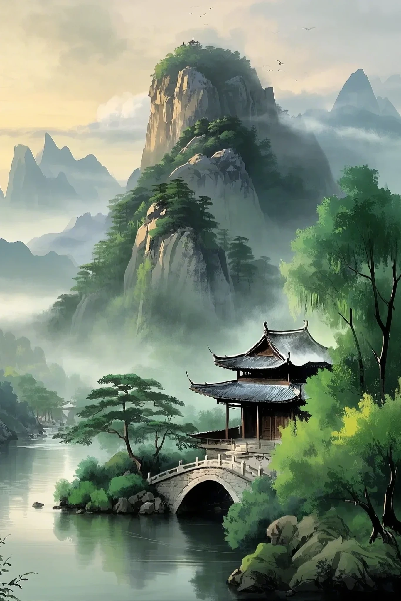 名畫檔案-網路畫廊 - 文生圖提示： 描繪一幅充滿東方韻味的山水畫，包含以下元素： 山水：遠山以淡墨勾勒，層層疊疊，展現山勢的雄偉。近景則描繪 ...