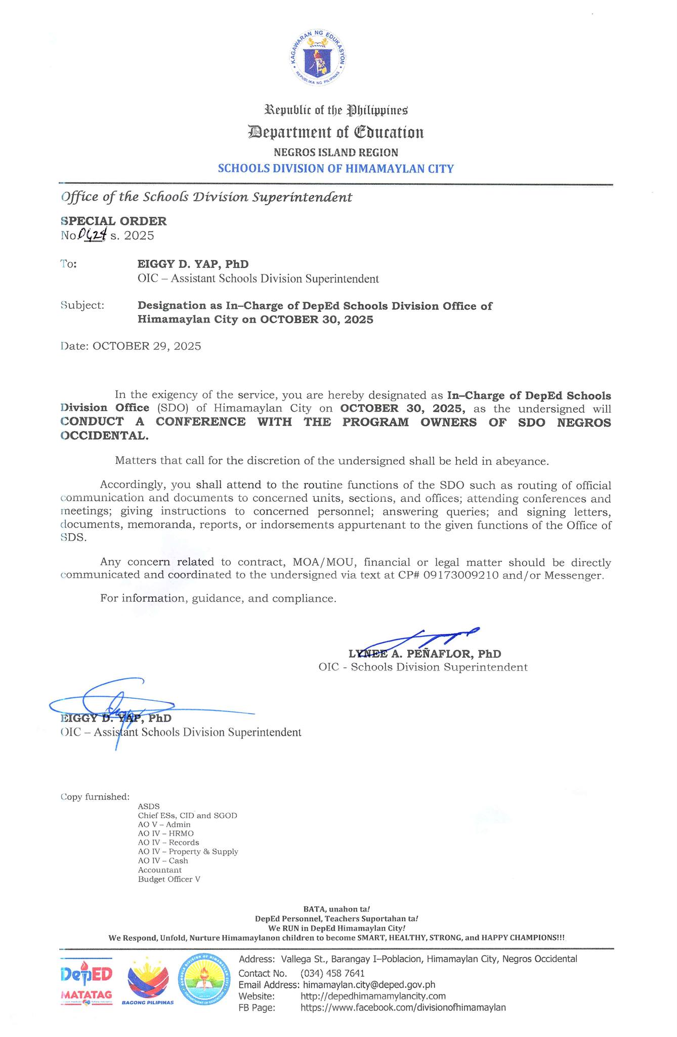 DepEd - SPECIAL ORDER NO. 0624, S. 2025 DESIGNATION AS IN-CHARGE OF ...