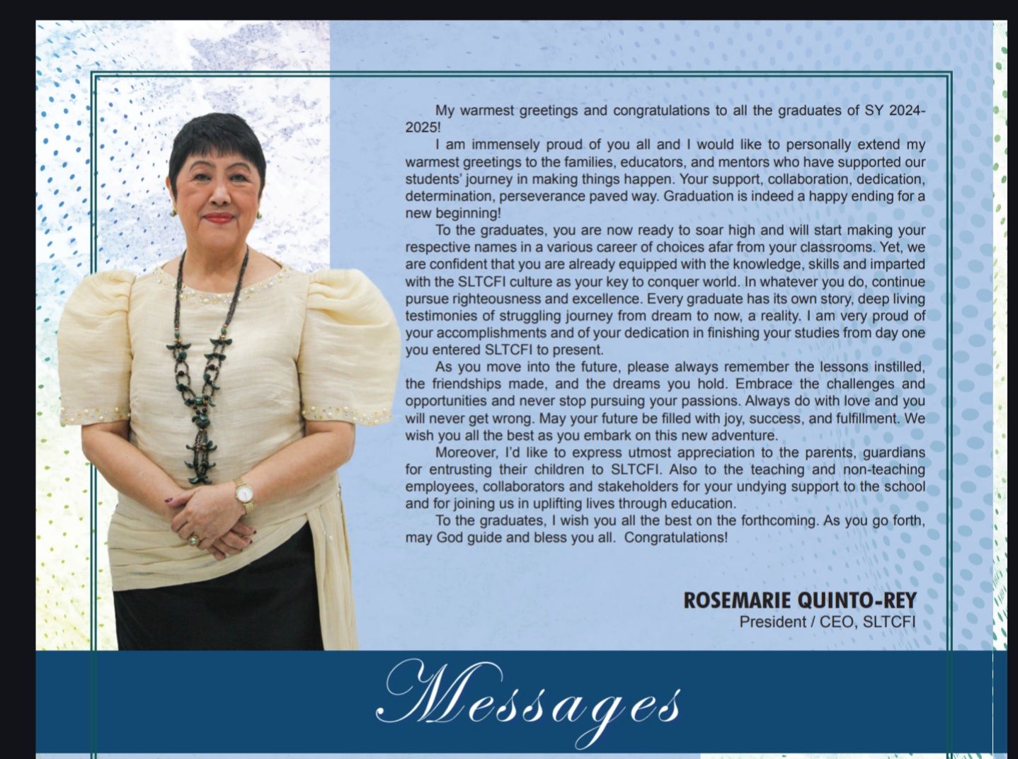 SLTCFPDI Batch 2025 Graduation: A Congratulatory Message from Rosemarie ...