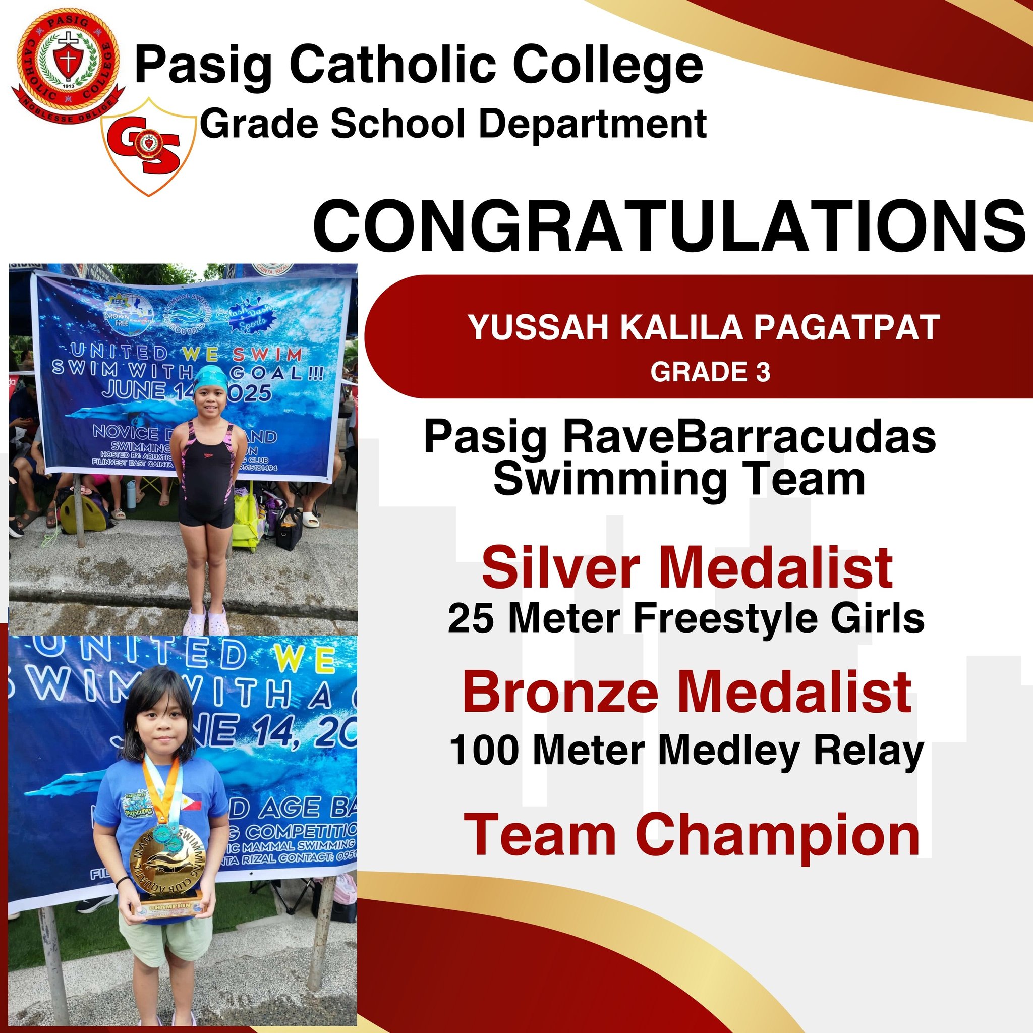 Pasig - 🏊‍♀️ Congratulations, Yussah Kalila Pagatpat! 🥈🥉🏆 A proud ...