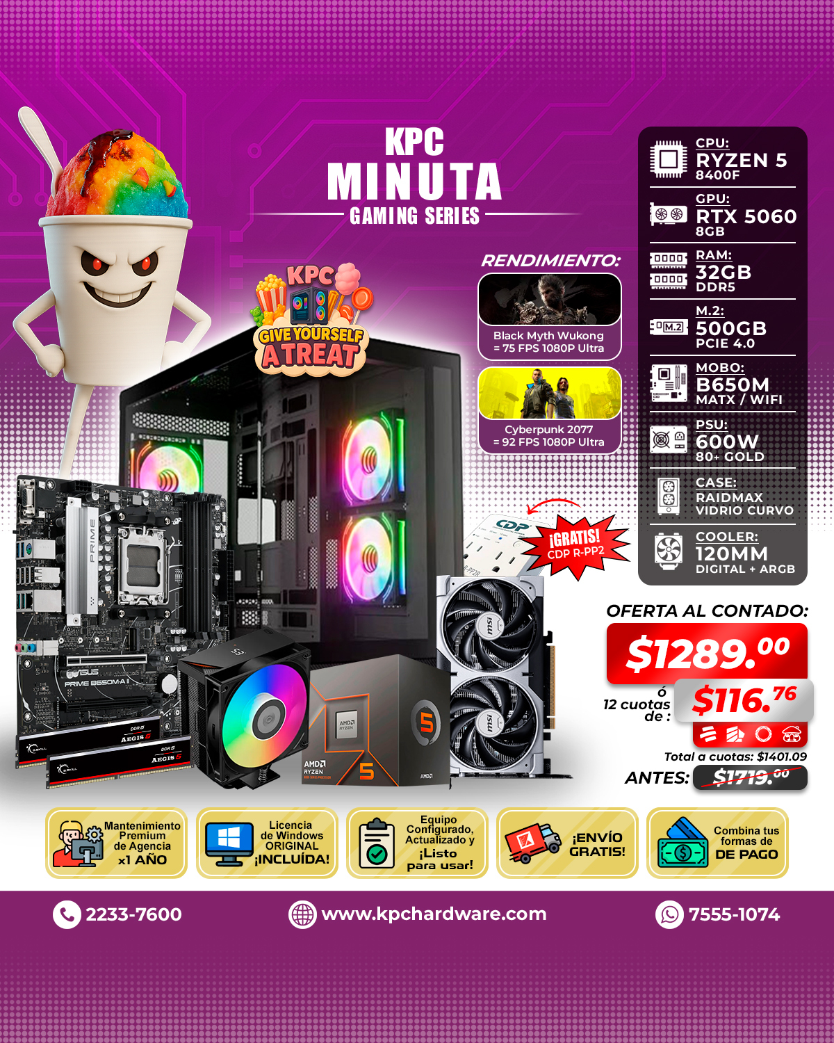 KPC - 🍧AMD RYZEN 5 8400F / 4.7GHZ / 6 NÚCLEOS / 12 HILOS / AM5 🍧ASUS ...