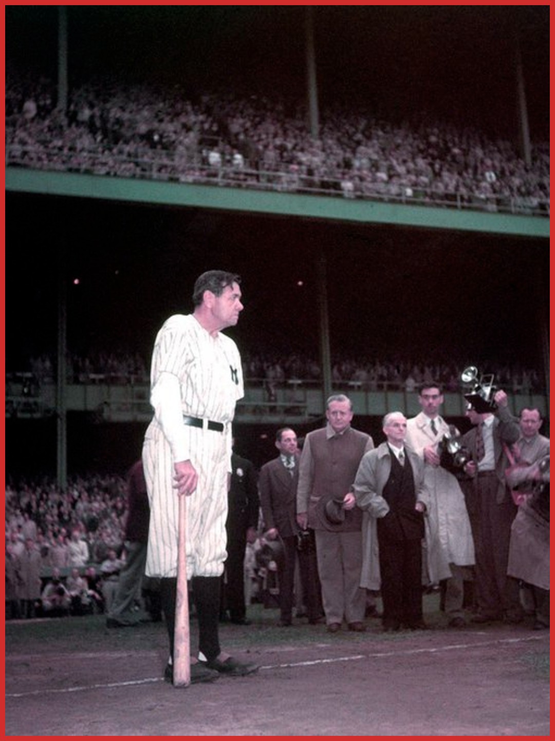 Baseball - Babe Ruth leans on a bat during his final appearance at ...