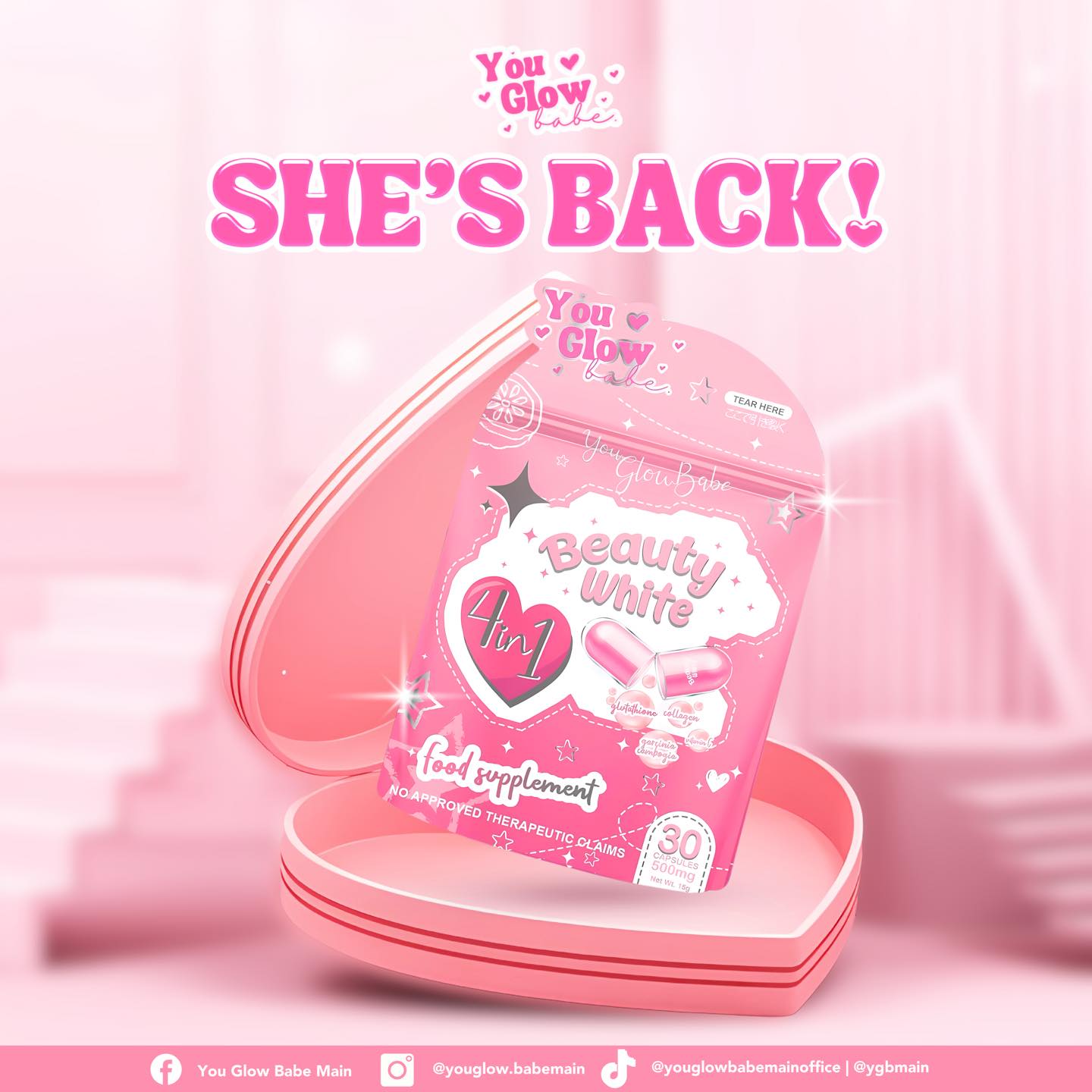 beauty white glutathione And she's back! 🤗 The Capsule by You Glow Babe is here again to grace us with its new and upgraded look! ✨🎀 You can now wrap your beauty routine Category_Vitamins & Supplements Variant:100mg Glutathione Capsules (Reduced Form)