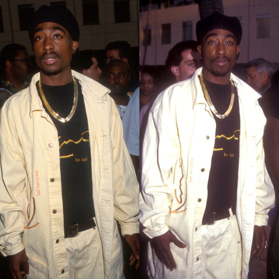 Tupac ..White Karl Kani Jean Jacket Over Black Karl Kani T-shirt