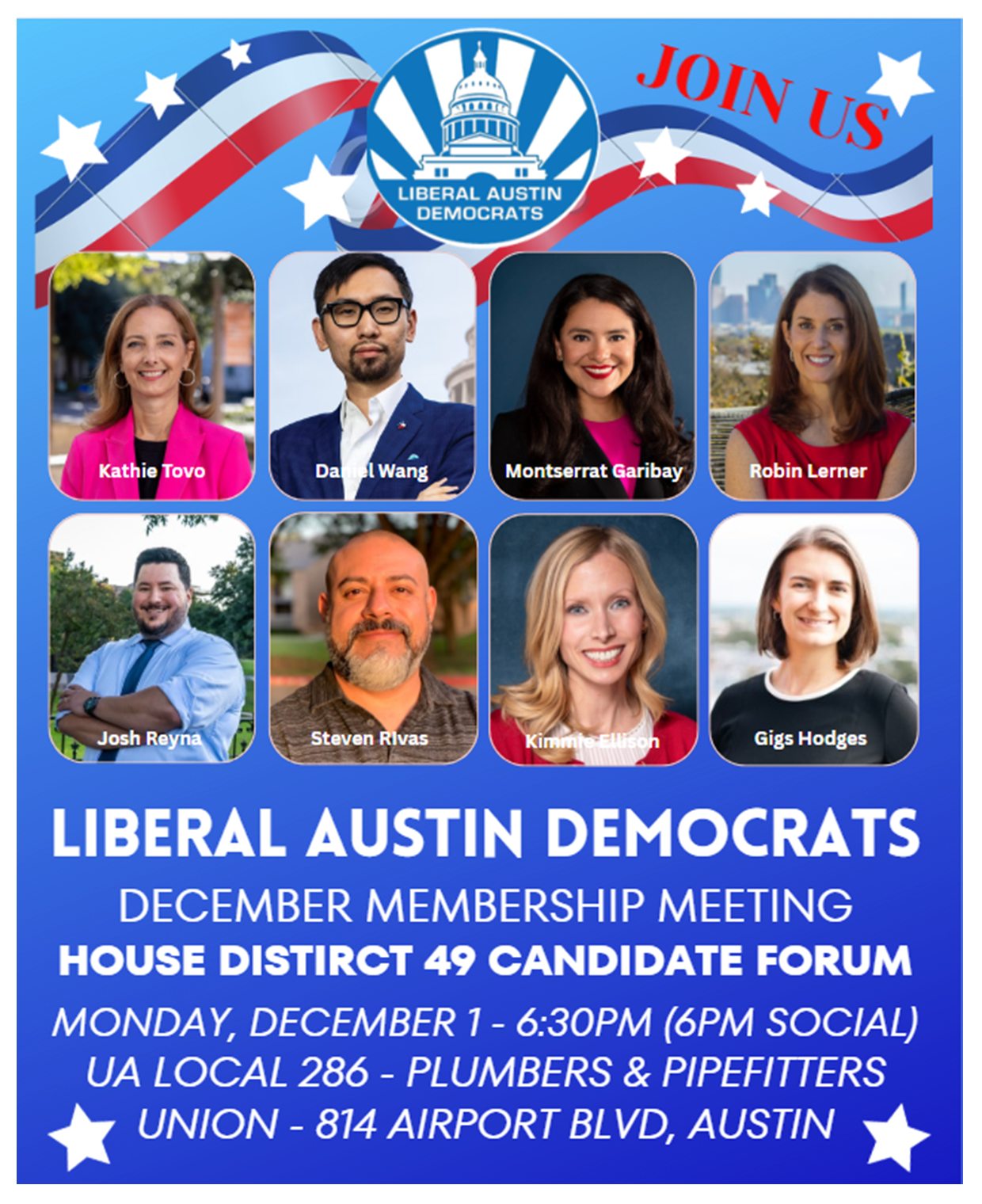Liberal Austin Democrats December Meeting featuring HD49 Candidate Forum