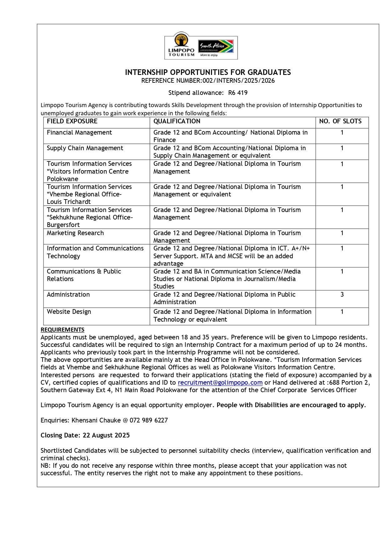 Mike - Internship x12 posts Limpopo Tourism Agency Closing Date: 22 ...