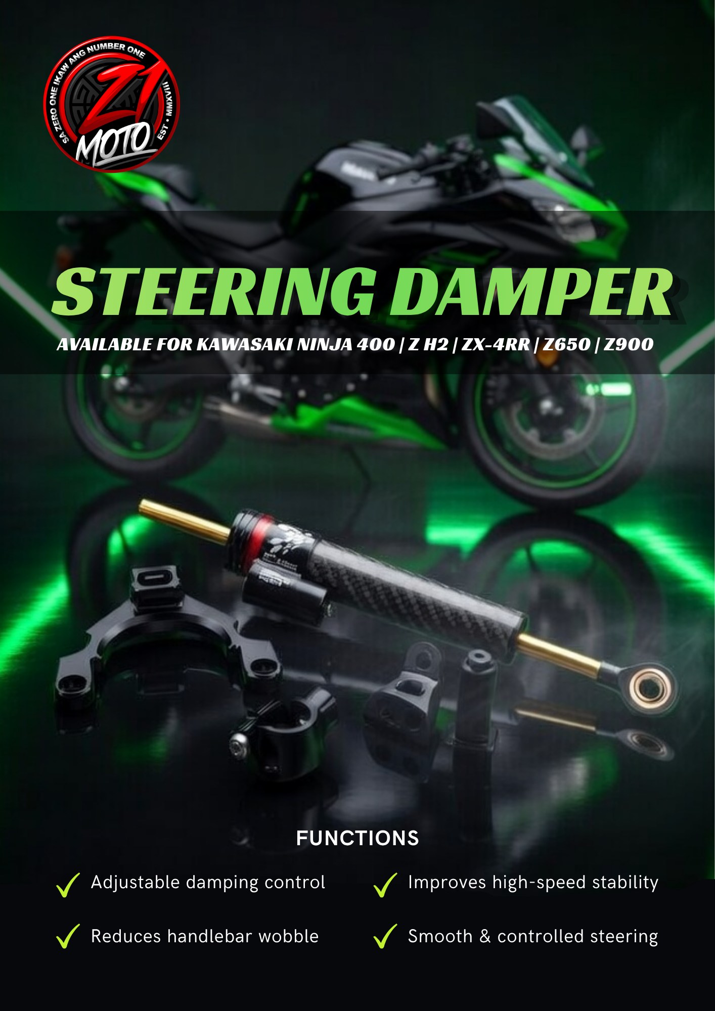 STEERING DAMPER available for Kawasaki ninja 400/ ZH2/ZX4RR/Z650
