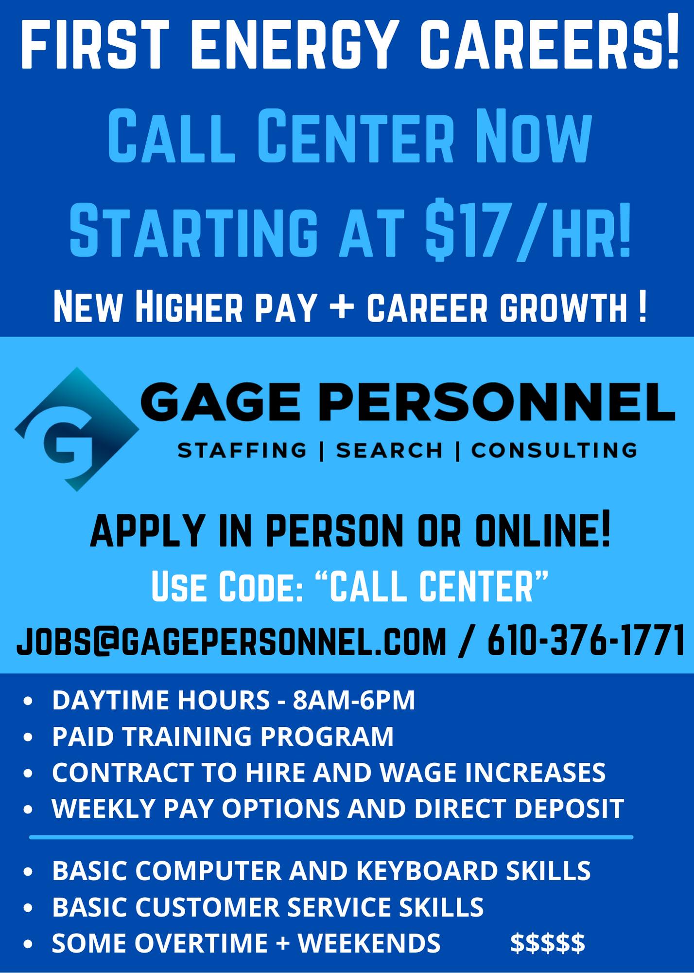 Gage - HIGHER STARTING WAGES AT FIRST ENERGY CALL CENTER THROUGH GAGE ...