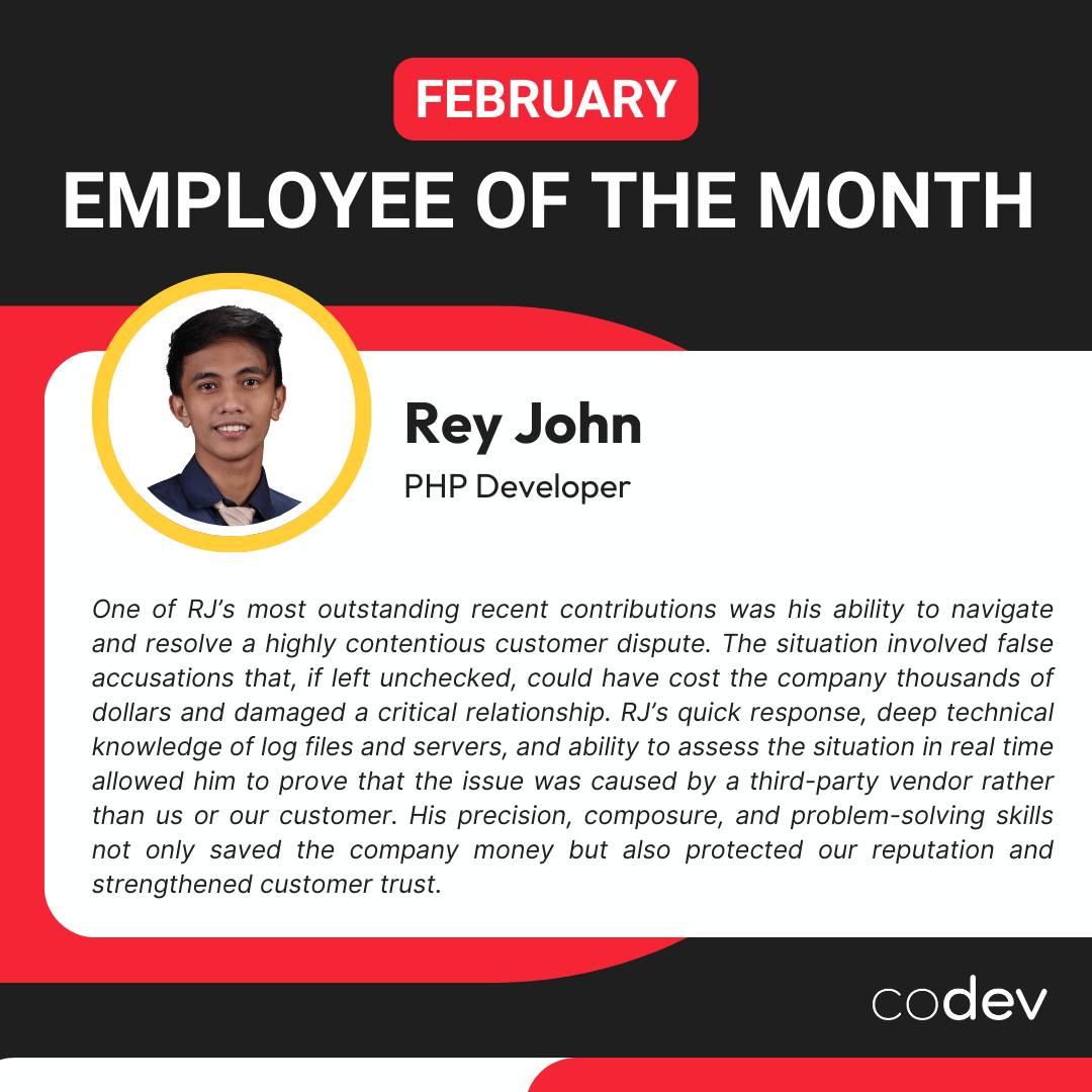 CoDev - Big shoutout to our February Employee of the Month, Rey John ...