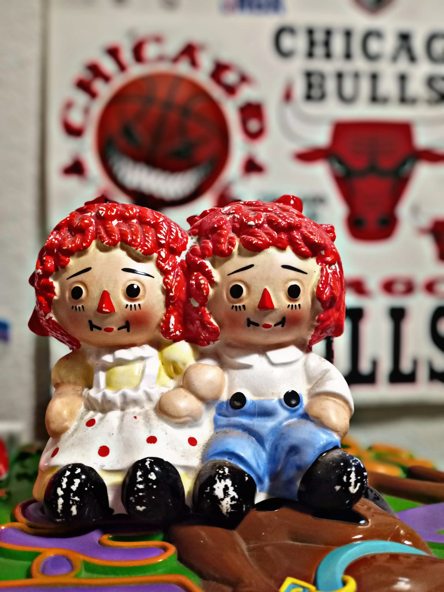 Vintage Raggedy Ann and Andy music box piggy bank found