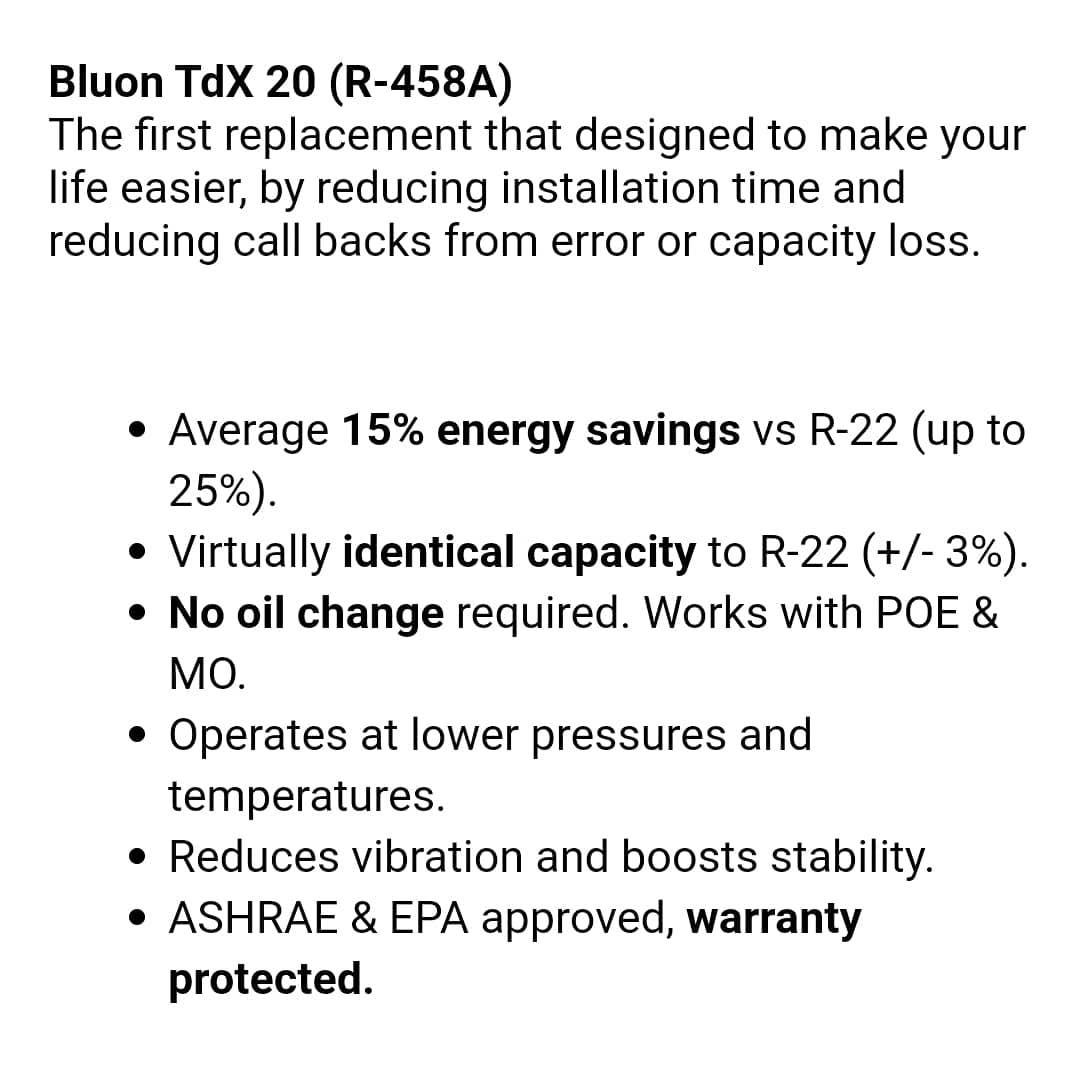 HVAC - Some bullet points from Bluon TdX 20. Remember all R22 ...