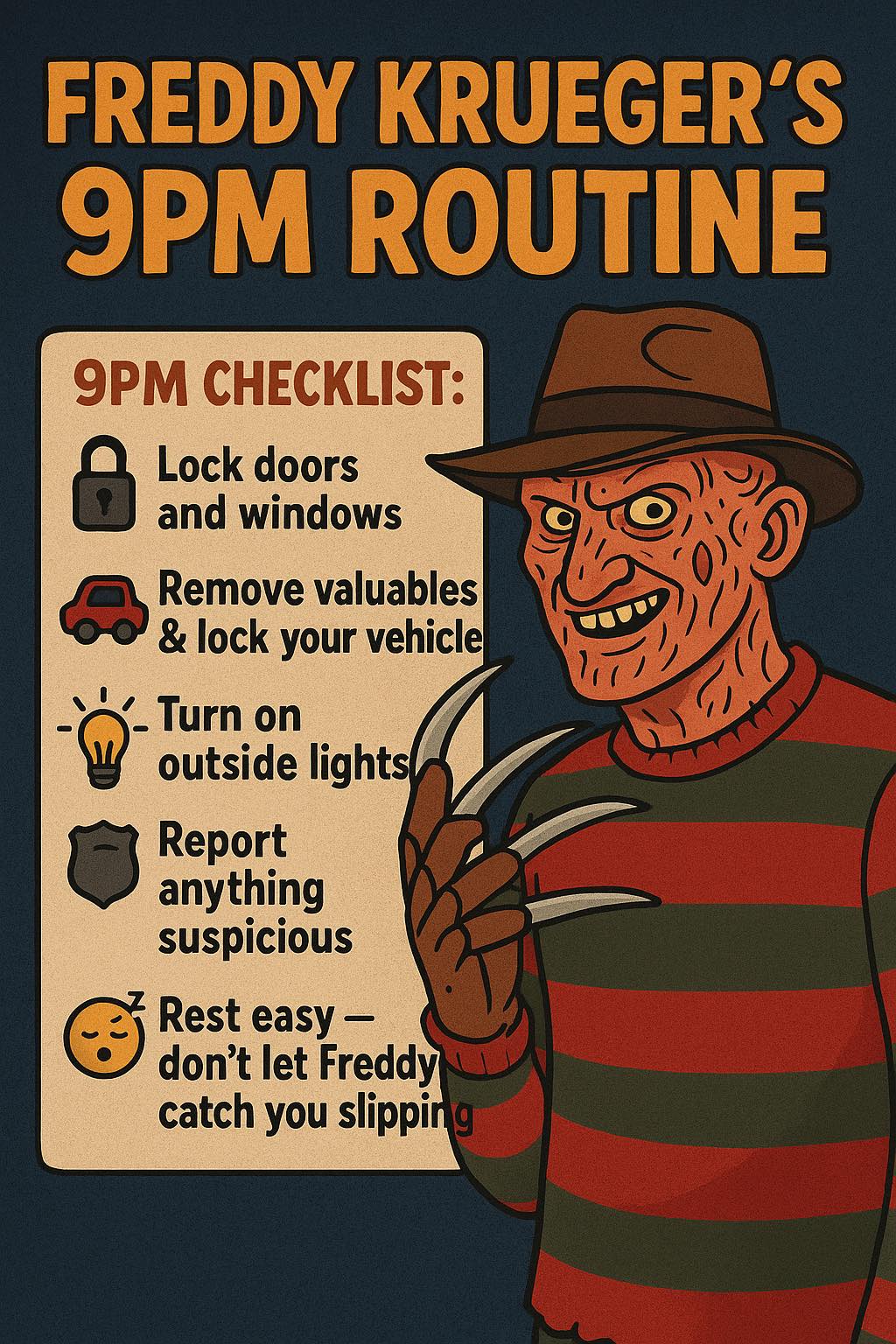 Fletcher PD - 🕘🔥 Freddy Krueger’s 9PM Routine 🔥🕘 Don’t... | Facebook