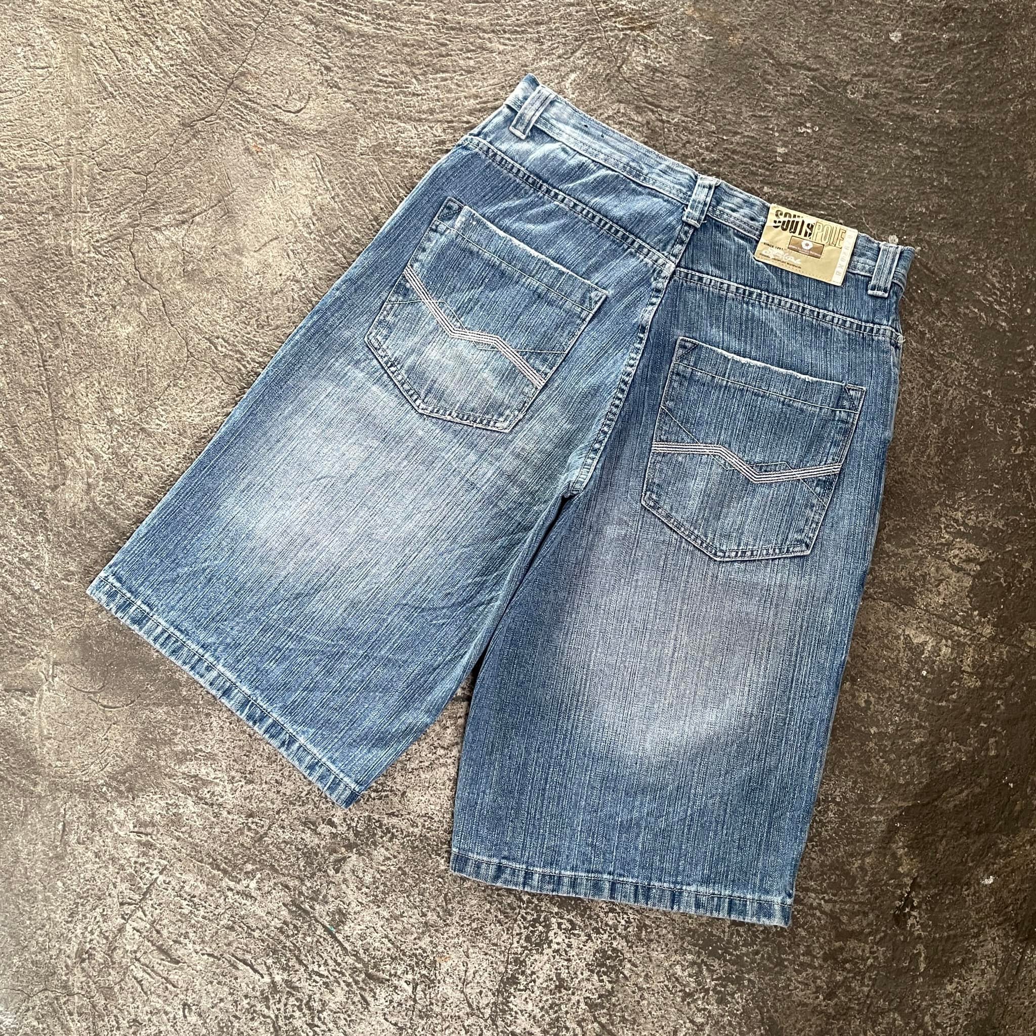 Southpole Y2K gold tab wash baggy denim Jorts Tape measure 