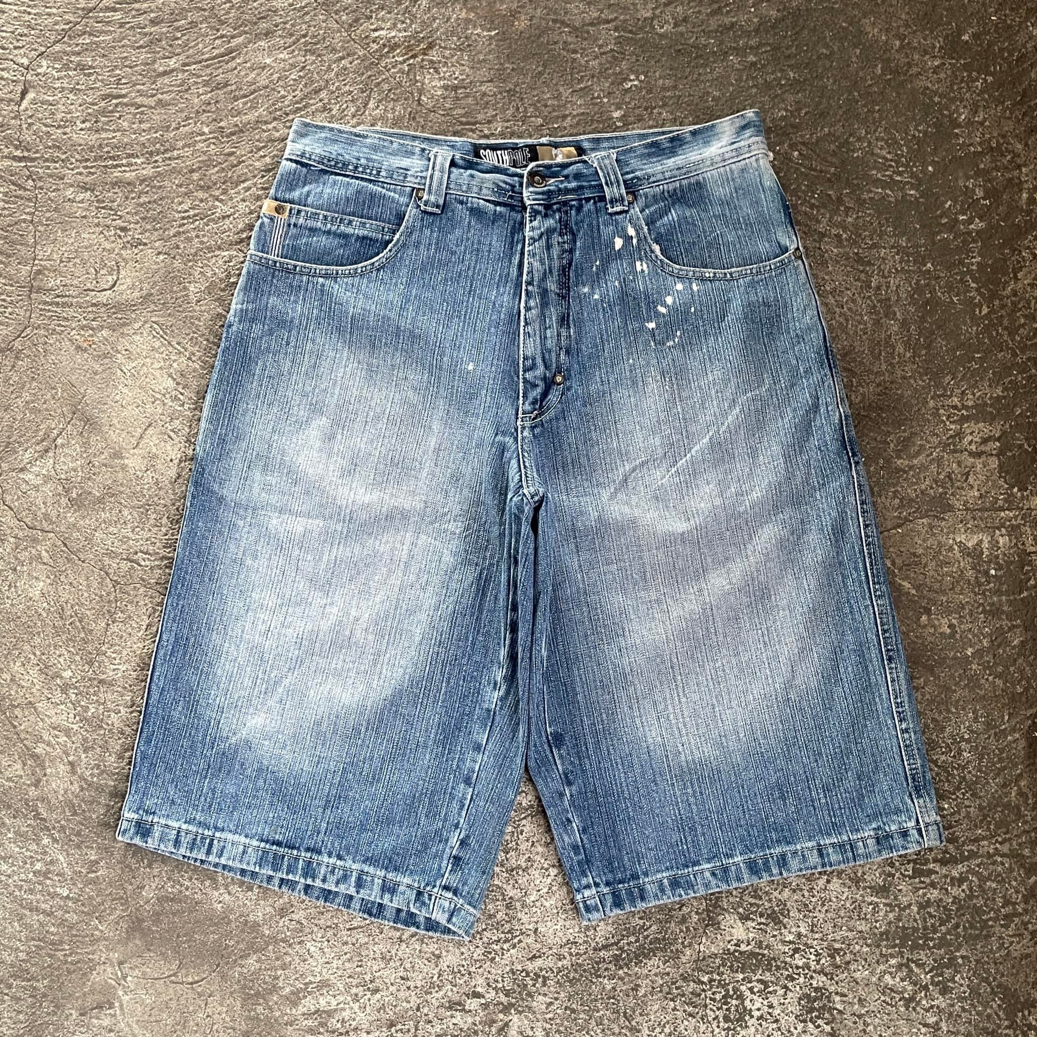 Southpole Y2K gold tab wash baggy denim Jorts Tape measure 