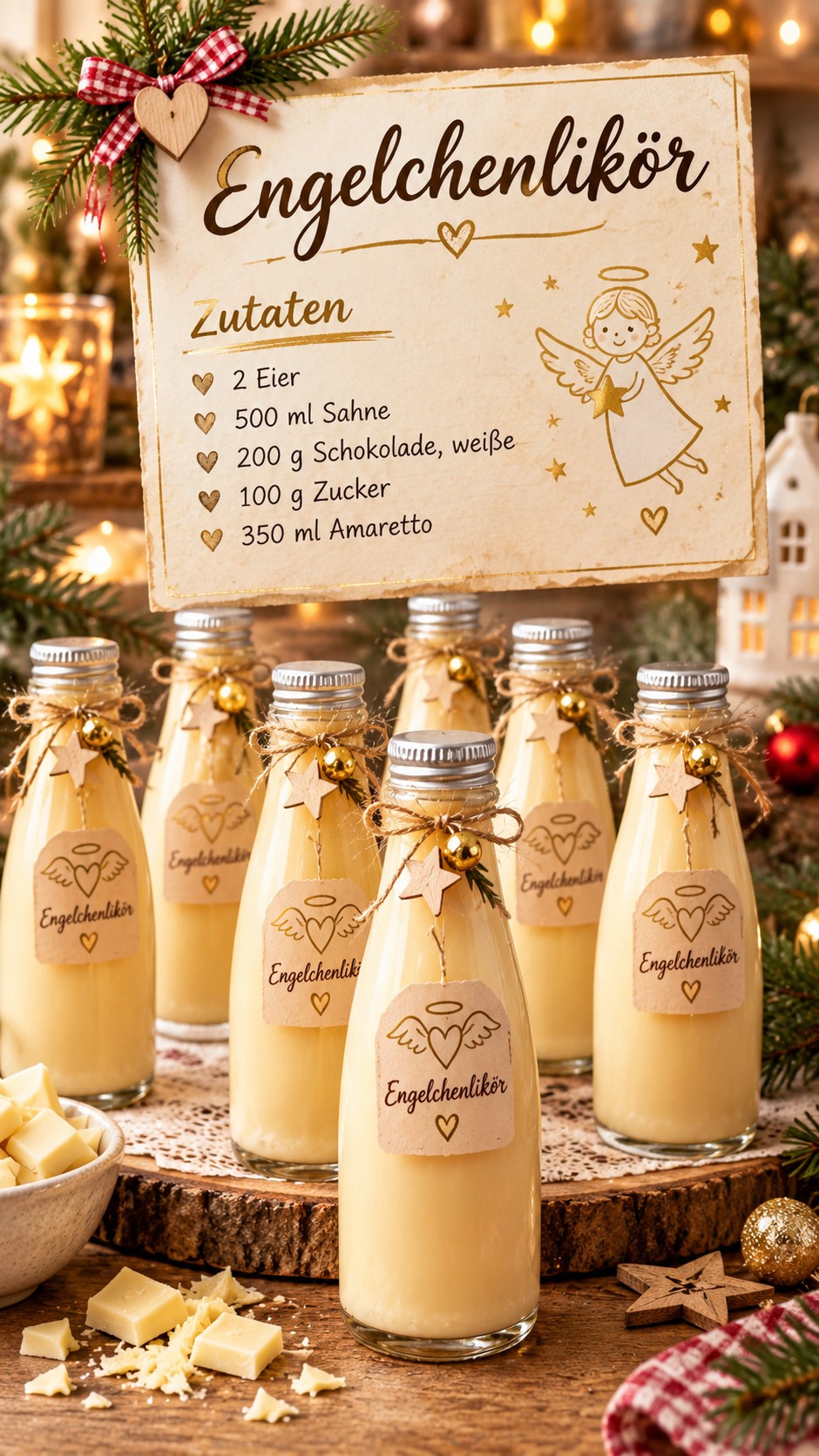 Engelchenlikör mit weißer Schokolade Cremig, wunderbar schokoladig und mit feiner Amaretto-Note – dieser Engelchenlikör ist schnell gemacht und perfekt zum Genießen oder Verschenken